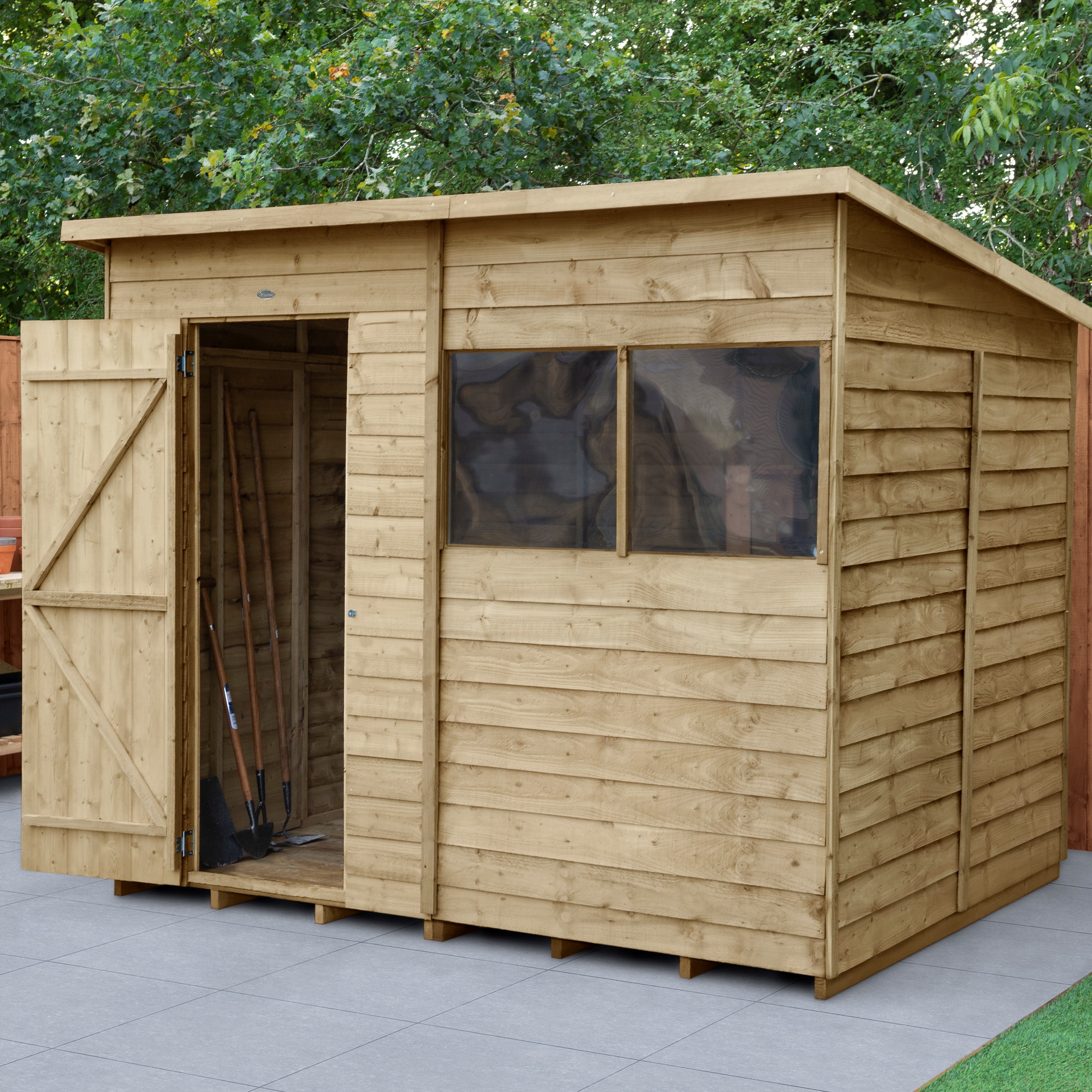 Forest Garden Overlap 8x6 ft Pent Wooden Pressure treated Shed with floor & 2 windows (Base included) - Assembly service included