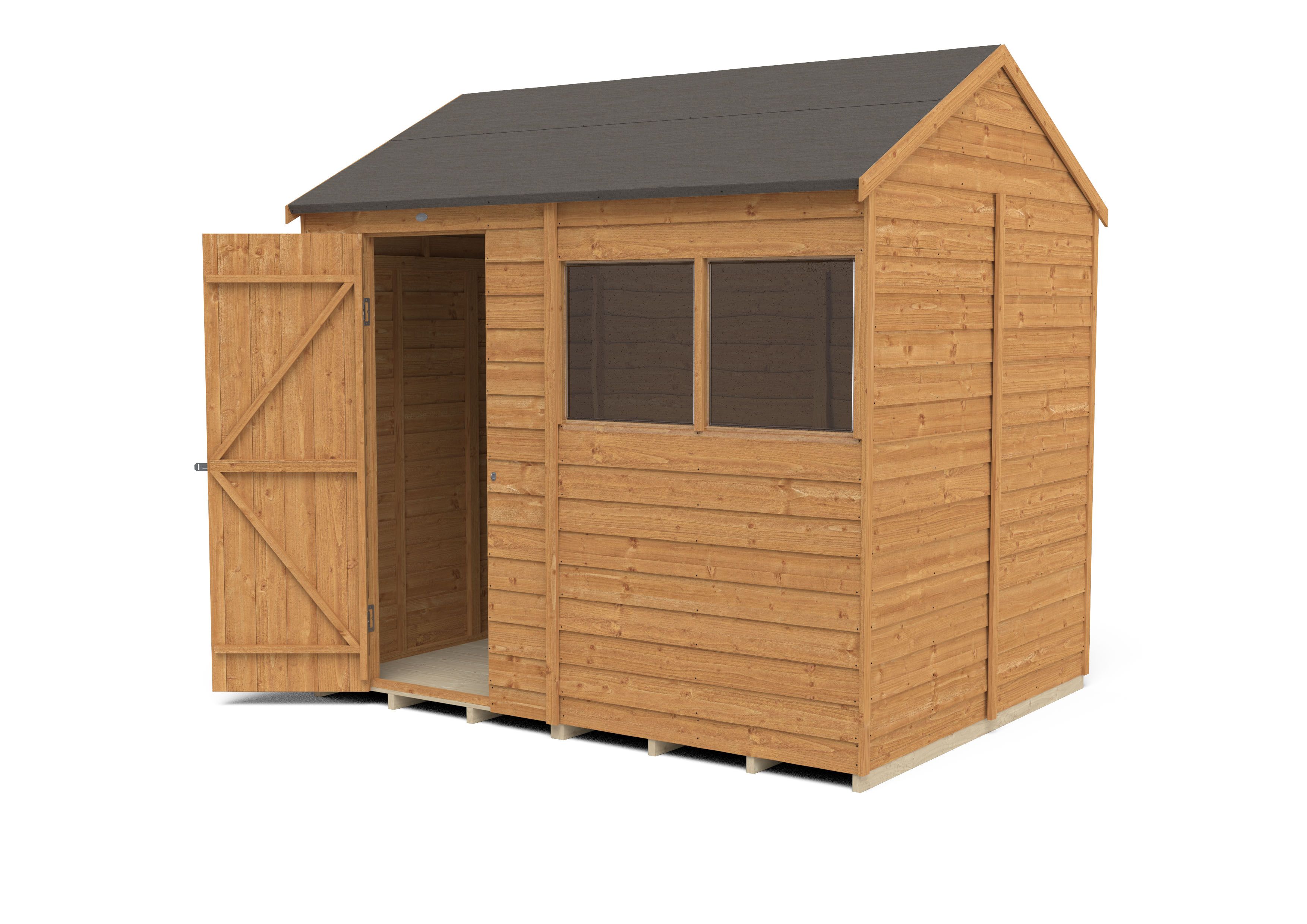 Forest Garden Overlap 8x6 ft Reverse apex Wooden Dip treated Shed with floor & 2 windows (Base included)