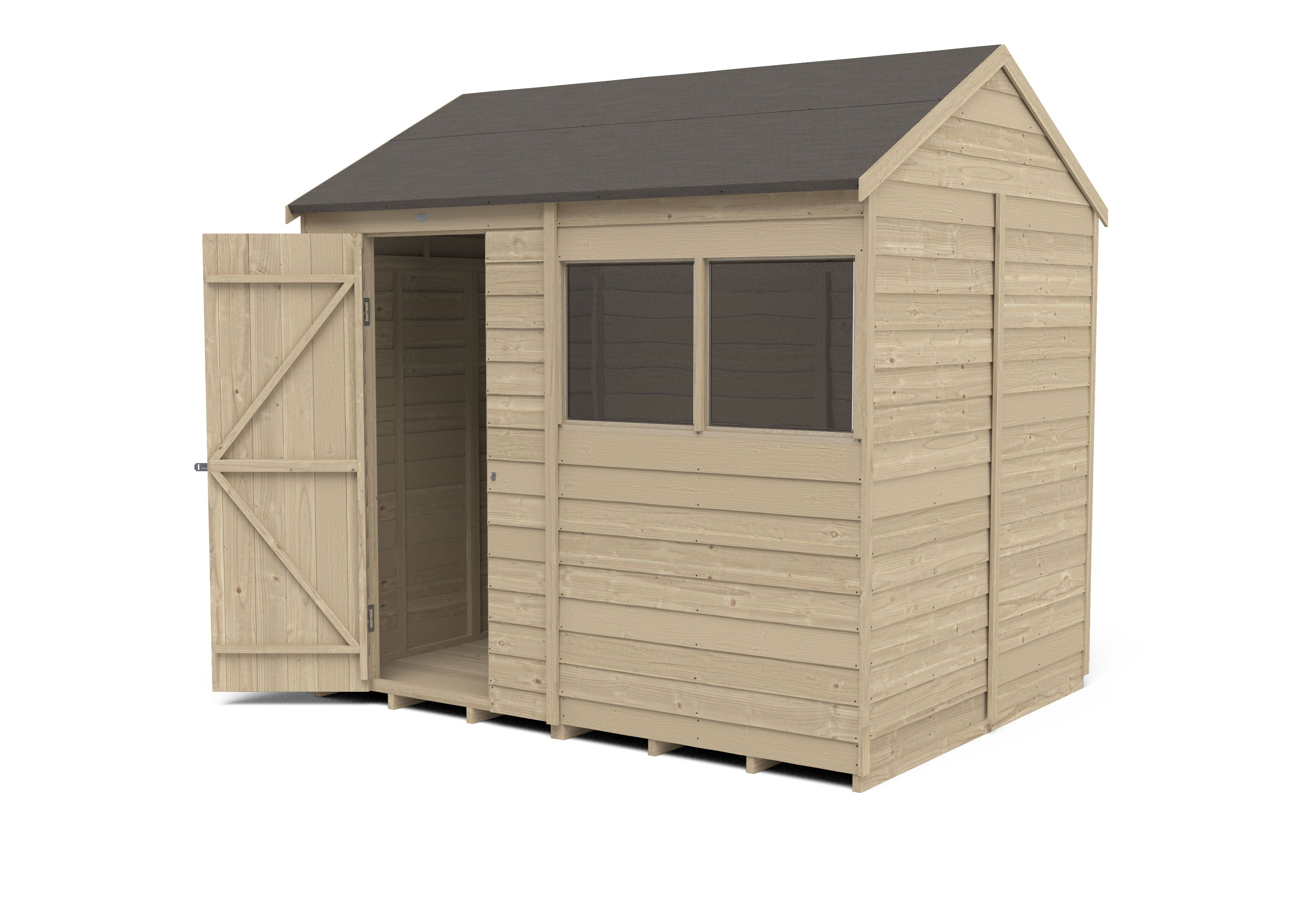 Forest Garden Overlap 8x6 ft Reverse apex Wooden Pressure treated Shed with floor & 2 windows (Base included) - Assembly service included