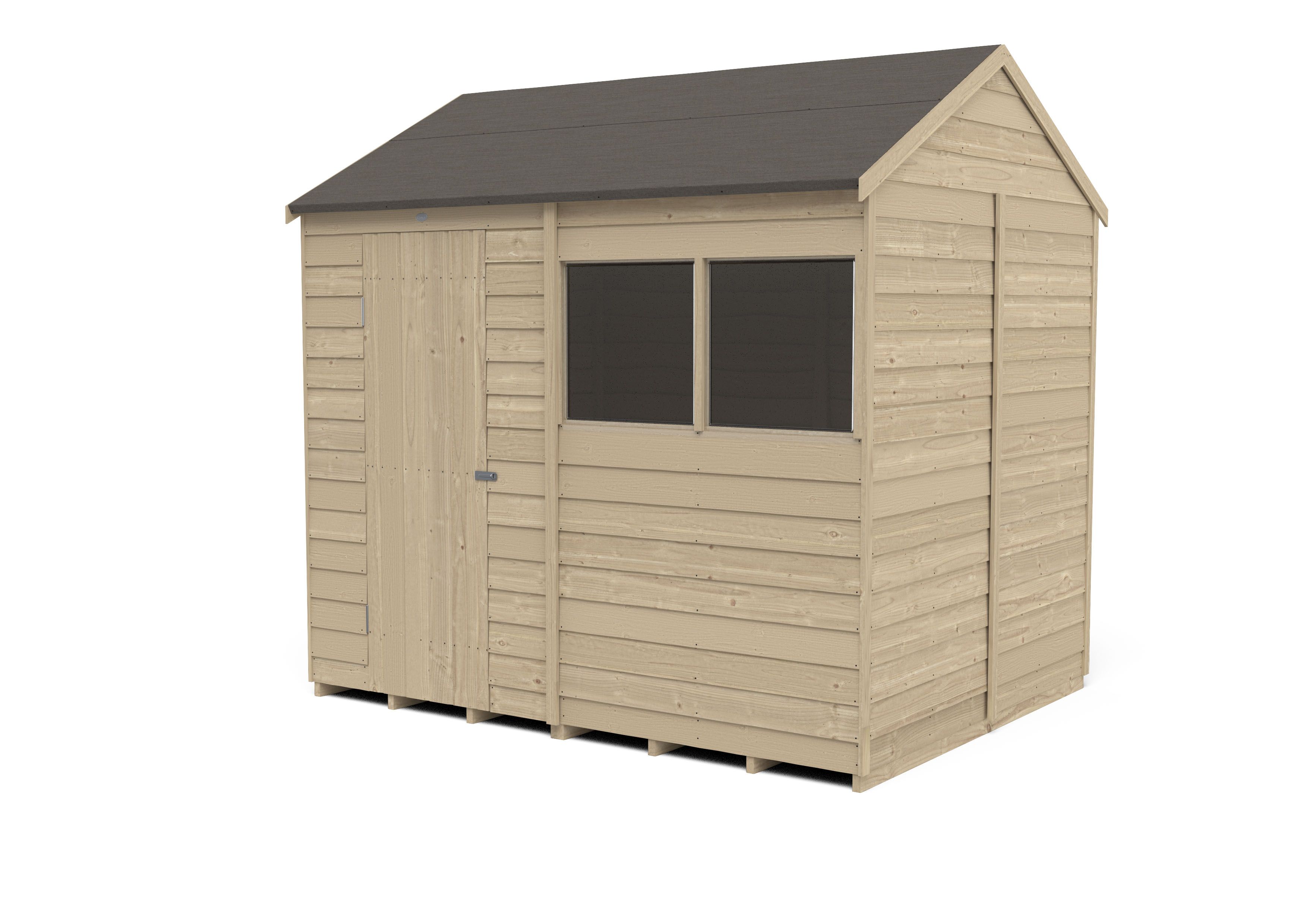 Forest Garden Overlap 8x6 ft Reverse apex Wooden Pressure treated Shed with floor & 2 windows