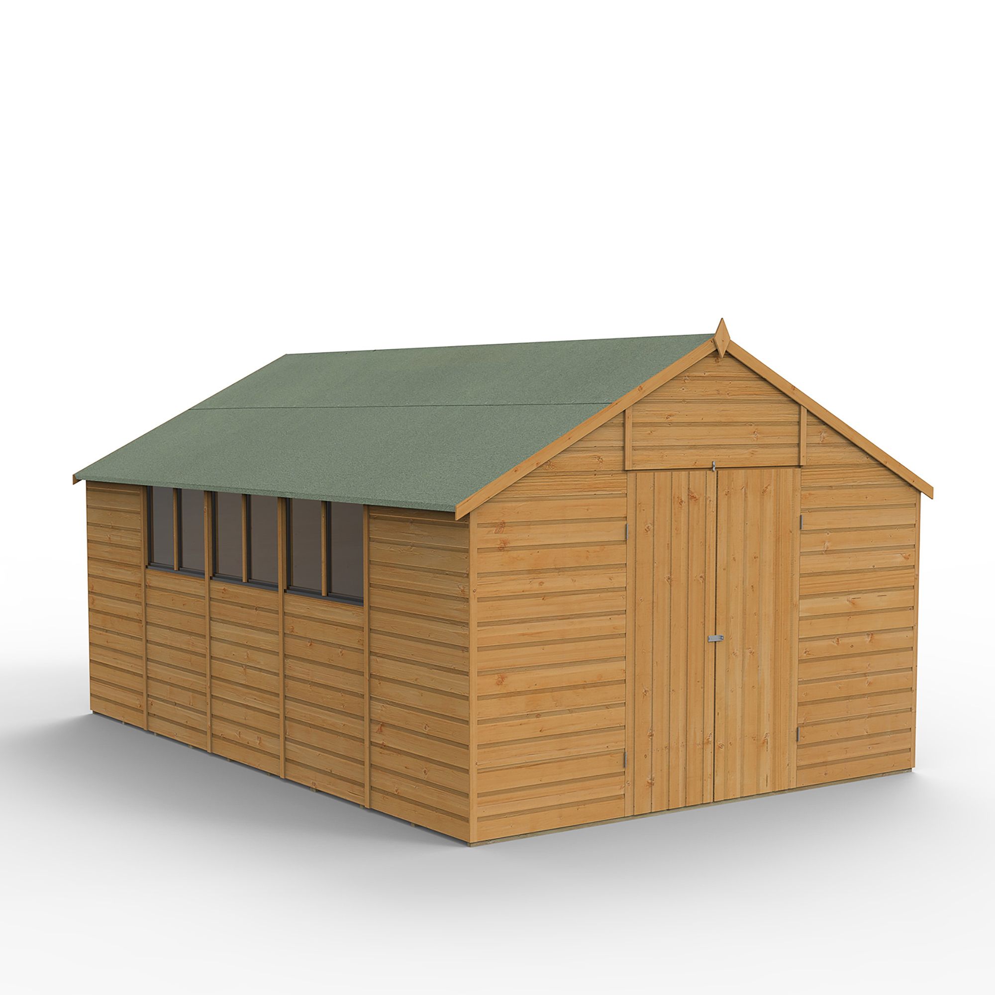 Forest Garden Shiplap 10x15 ft Apex Wooden 2 door Shed with floor & 6 windows - Assembly service included