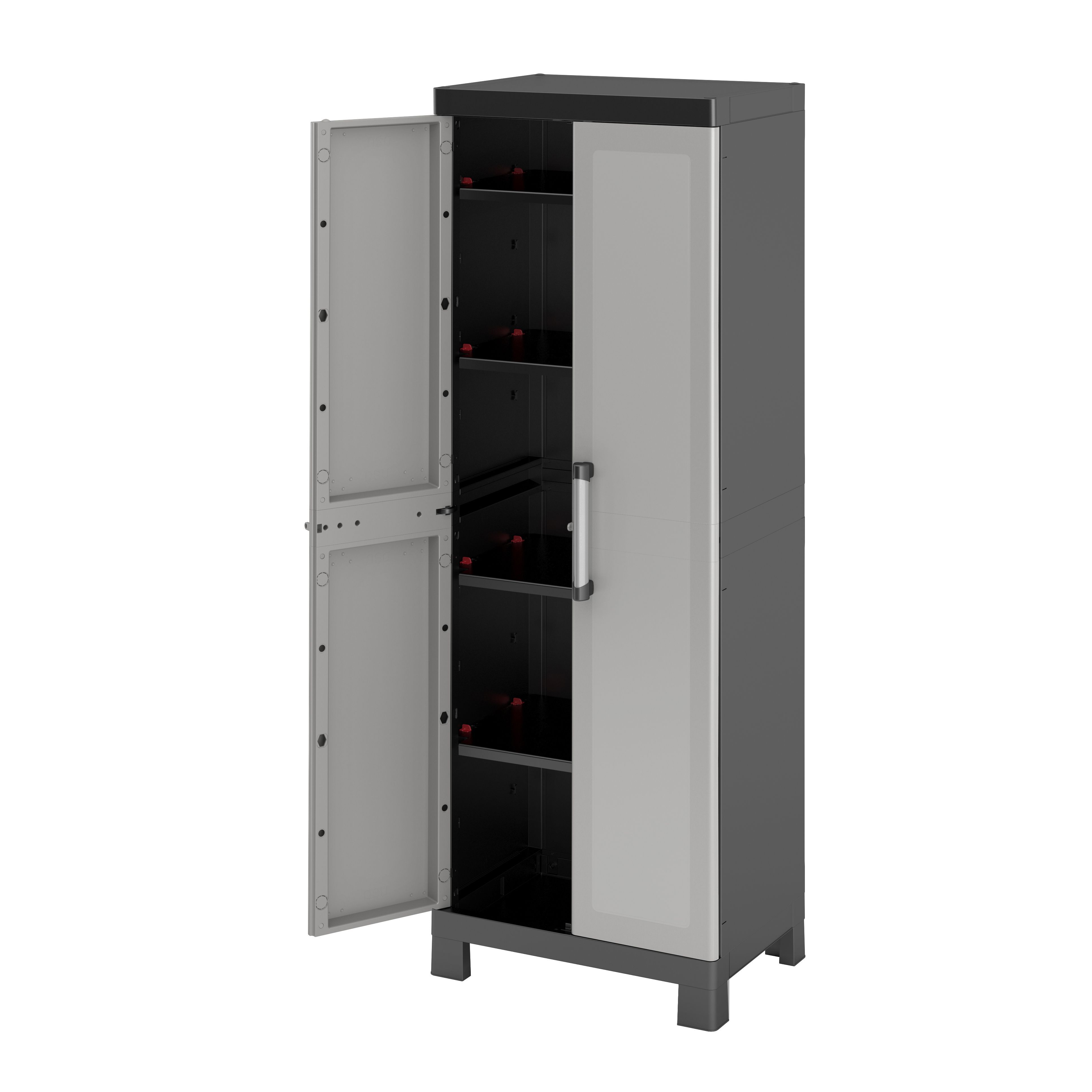 Tall plastic storage cabinet deals with doors and shelves