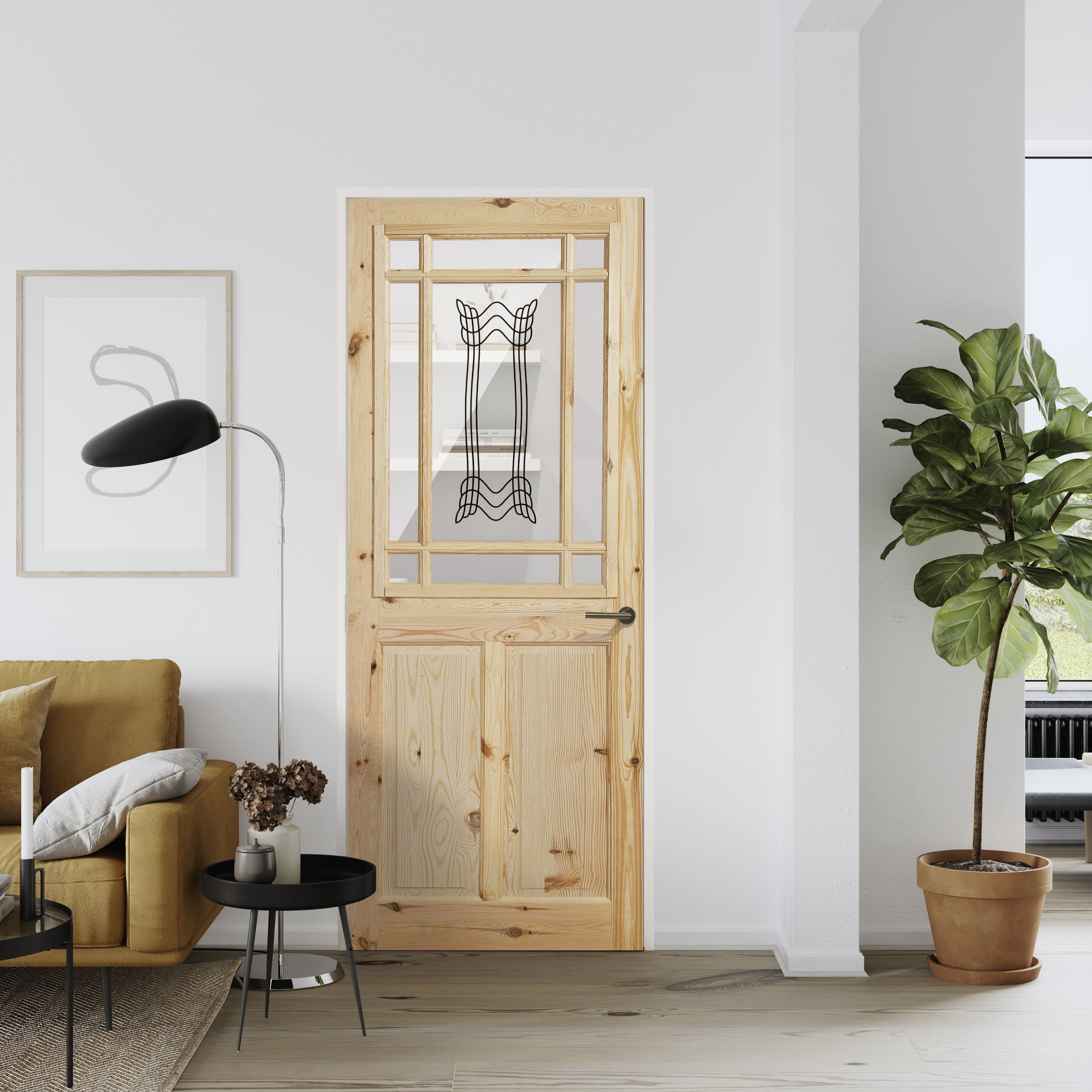 Fortia 2 panel 1 Lite Screen-printed Glazed Victorian Natural Pine veneer Internal Timber Door, (H)1981mm (W)686mm (T)35mm