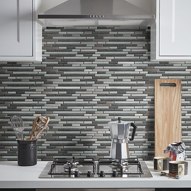 Foxe Grey Muretto Glass Stainless, Stainless Steel Mosaic Wall Tiles