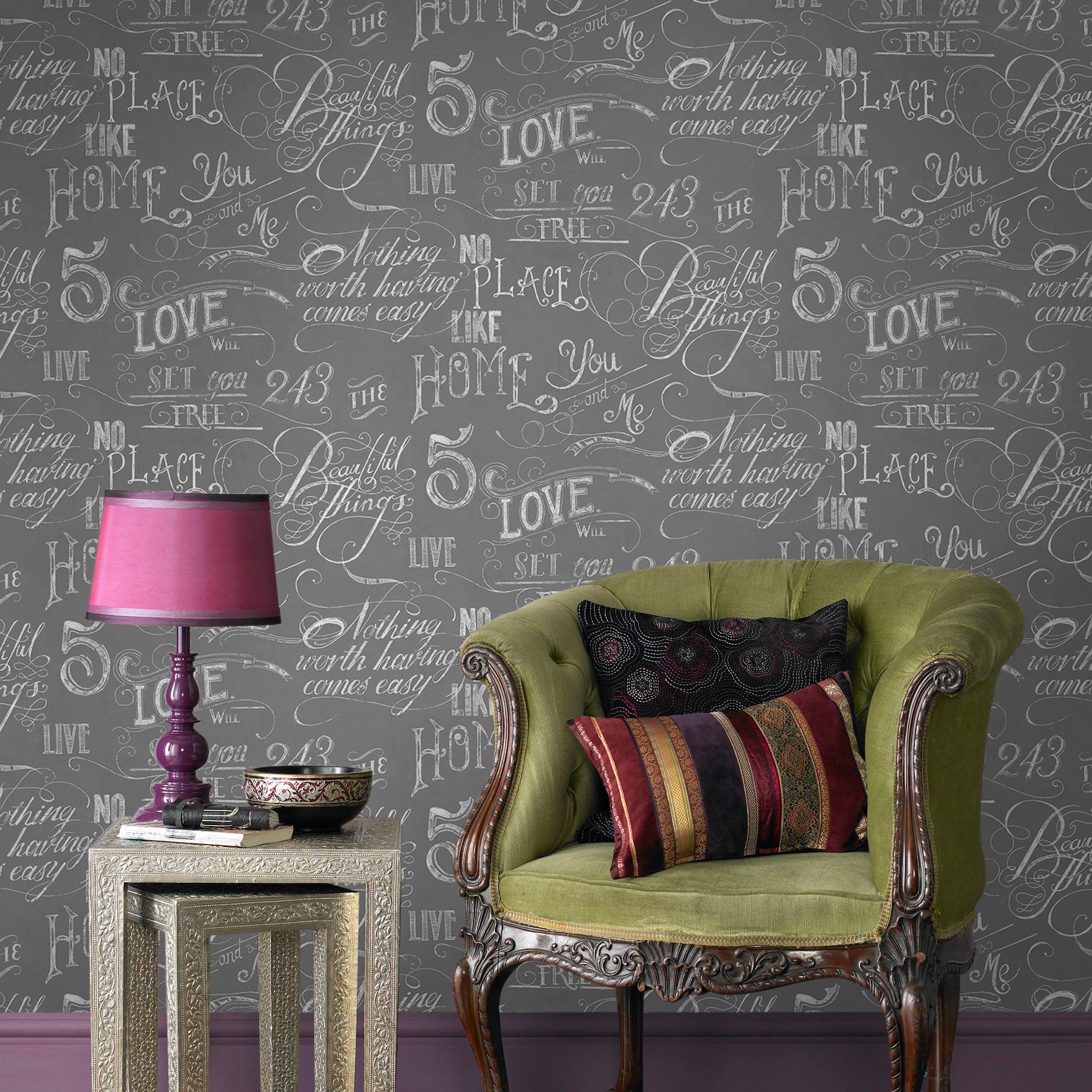 Fresco Chalkboard Grey Calligraphy Smooth Wallpaper Sample