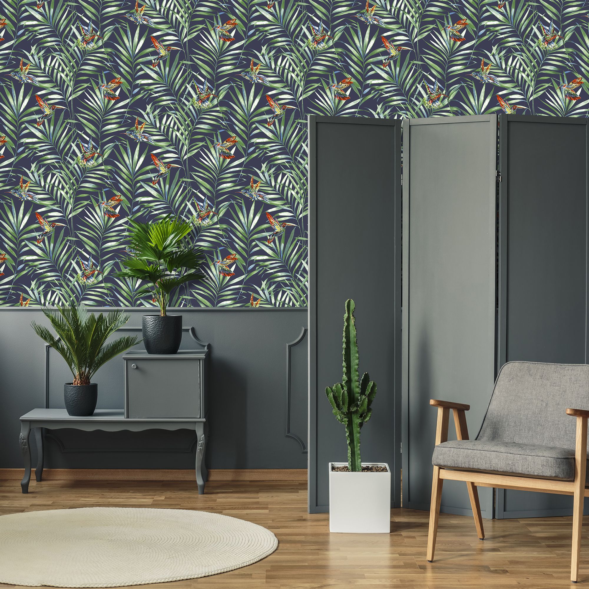 Fresco Green & navy Hummingbird Smooth Wallpaper
