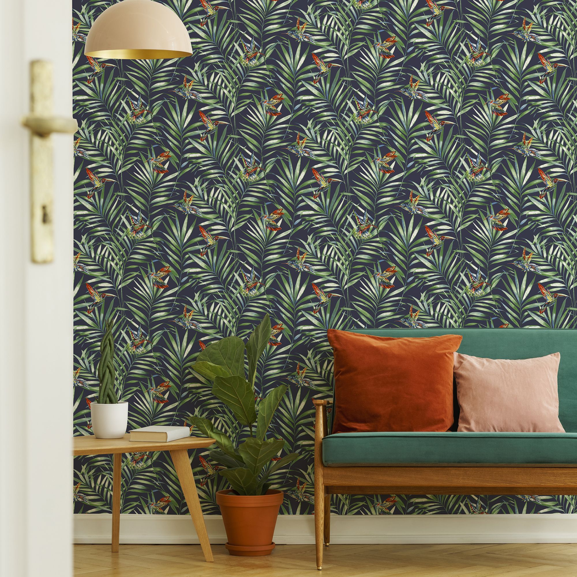 Fresco Green & navy Hummingbird Smooth Wallpaper