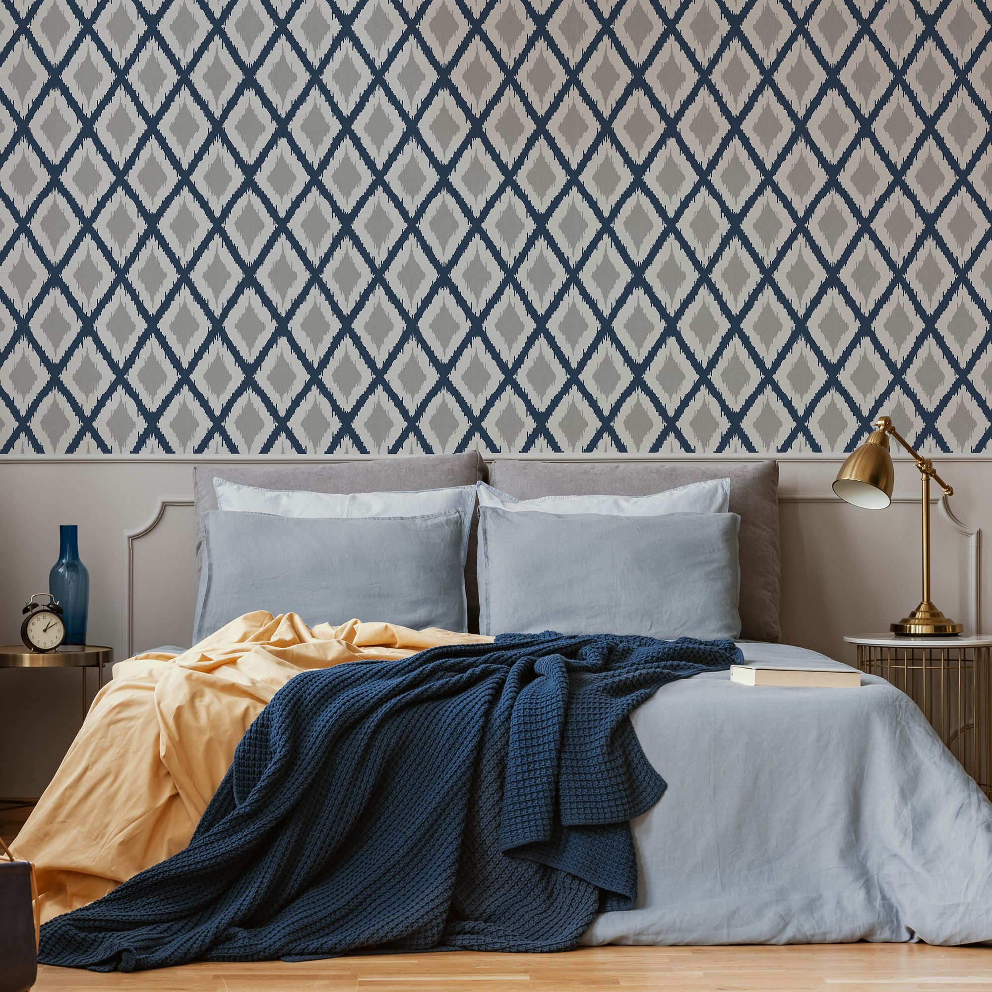 Fresco Ikat Blue & grey Geometric Smooth Wallpaper