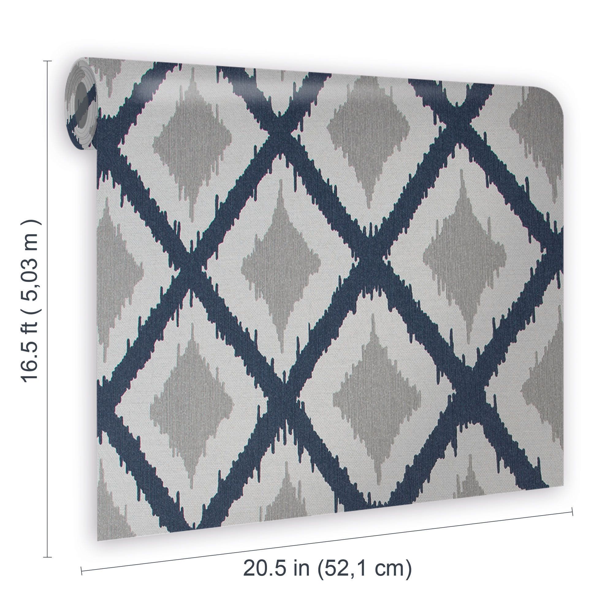 Fresco Ikat Blue & grey Geometric Smooth Wallpaper