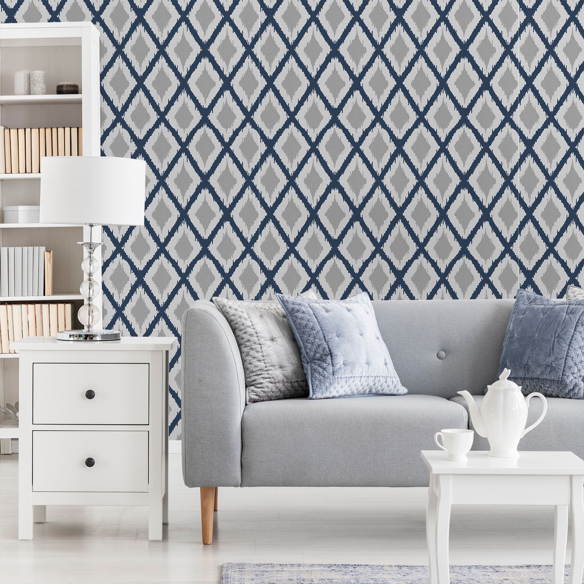 Fresco Ikat Blue & grey Geometric Smooth Wallpaper
