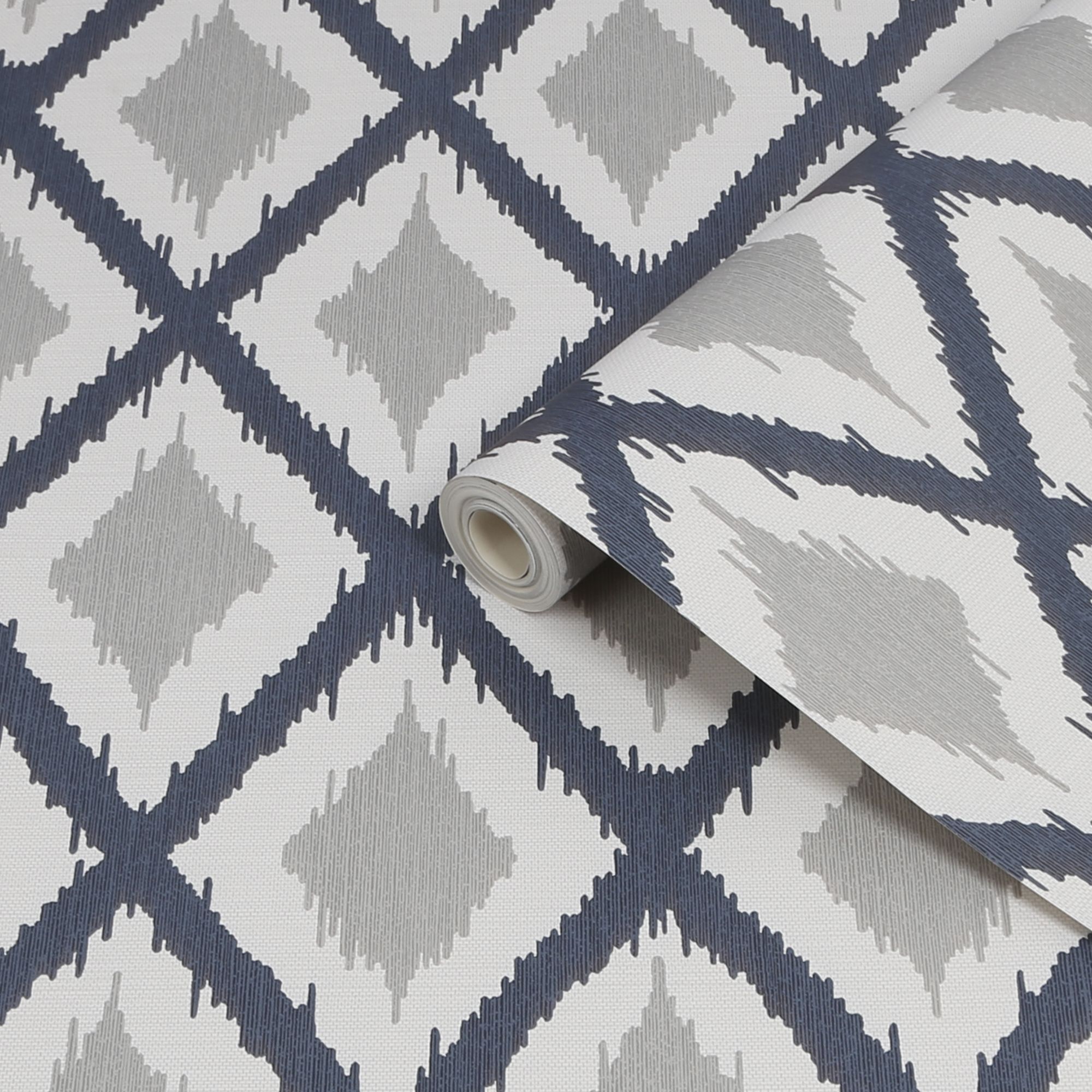 Fresco Ikat Blue & grey Geometric Smooth Wallpaper