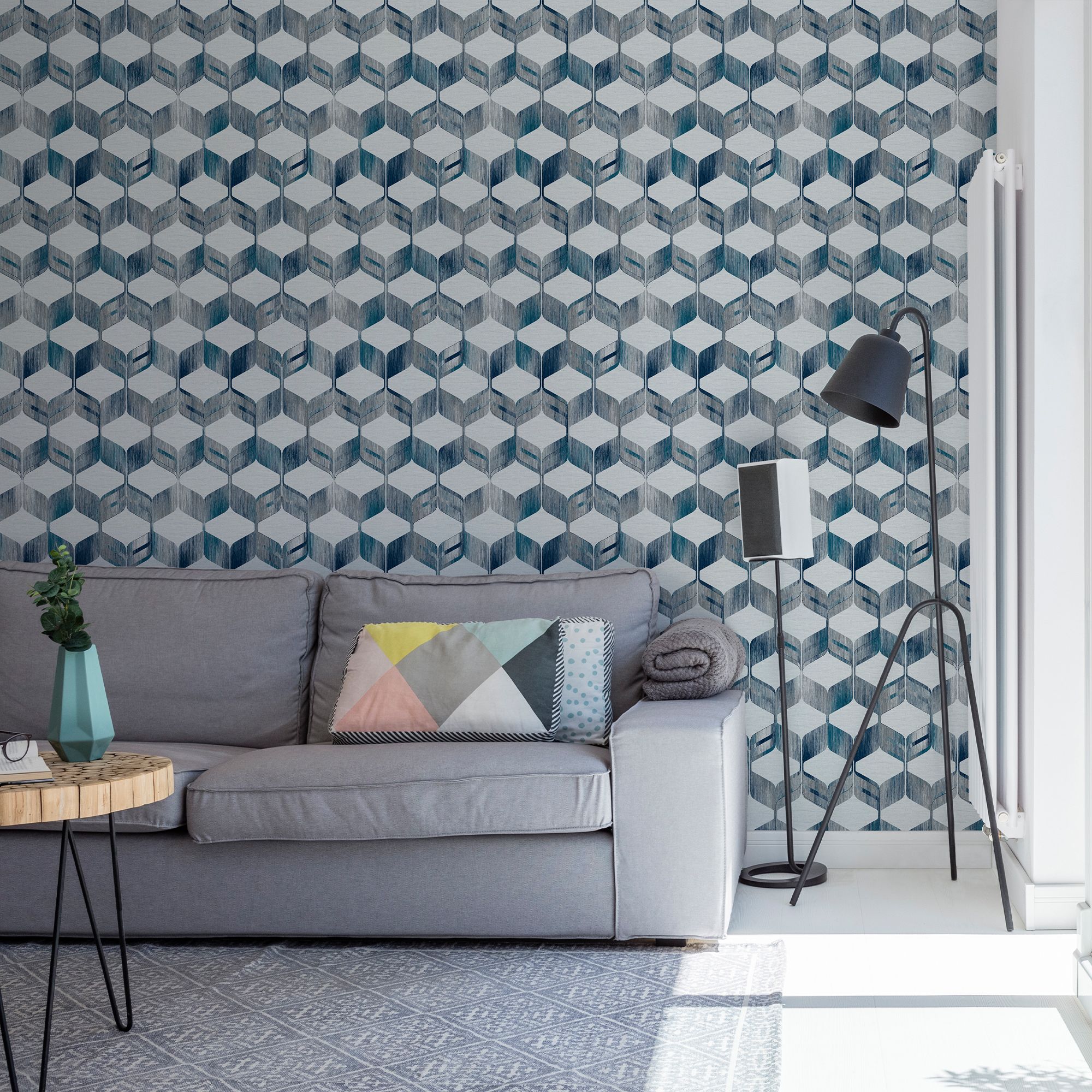 Fresco Maya Blue & cream Geometric Smooth Wallpaper