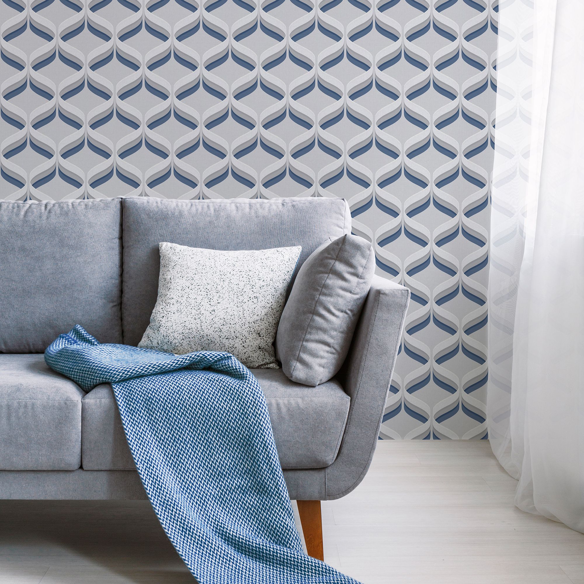 Fresco Retro ogee Grey & navy Smooth Wallpaper