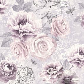 Fresco Romantic ink Pink, purple & grey Floral Wallpaper Sample