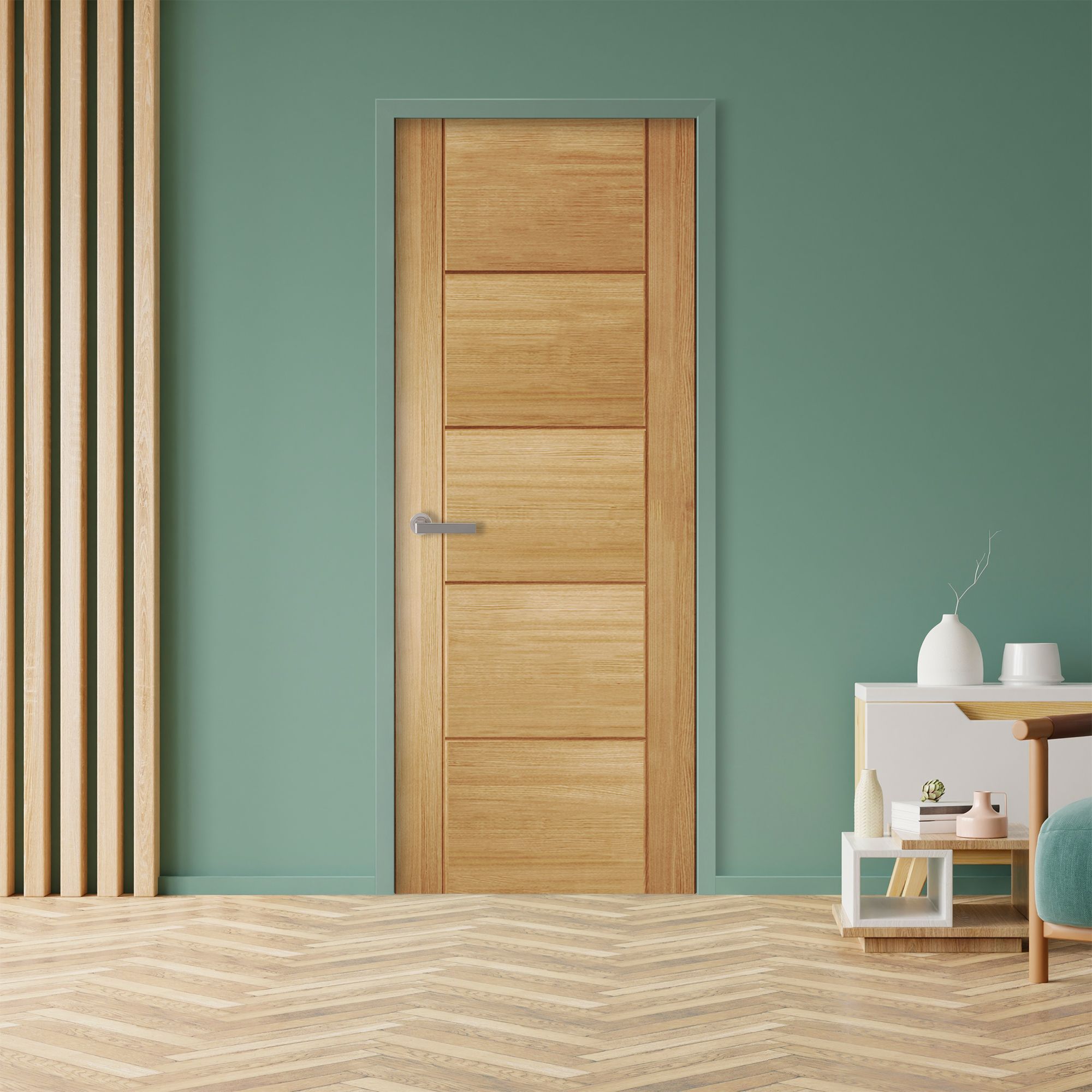 Fully finished Linear Contemporary White oak veneer Internal Door, (H)1981mm (W)610mm (T)35mm