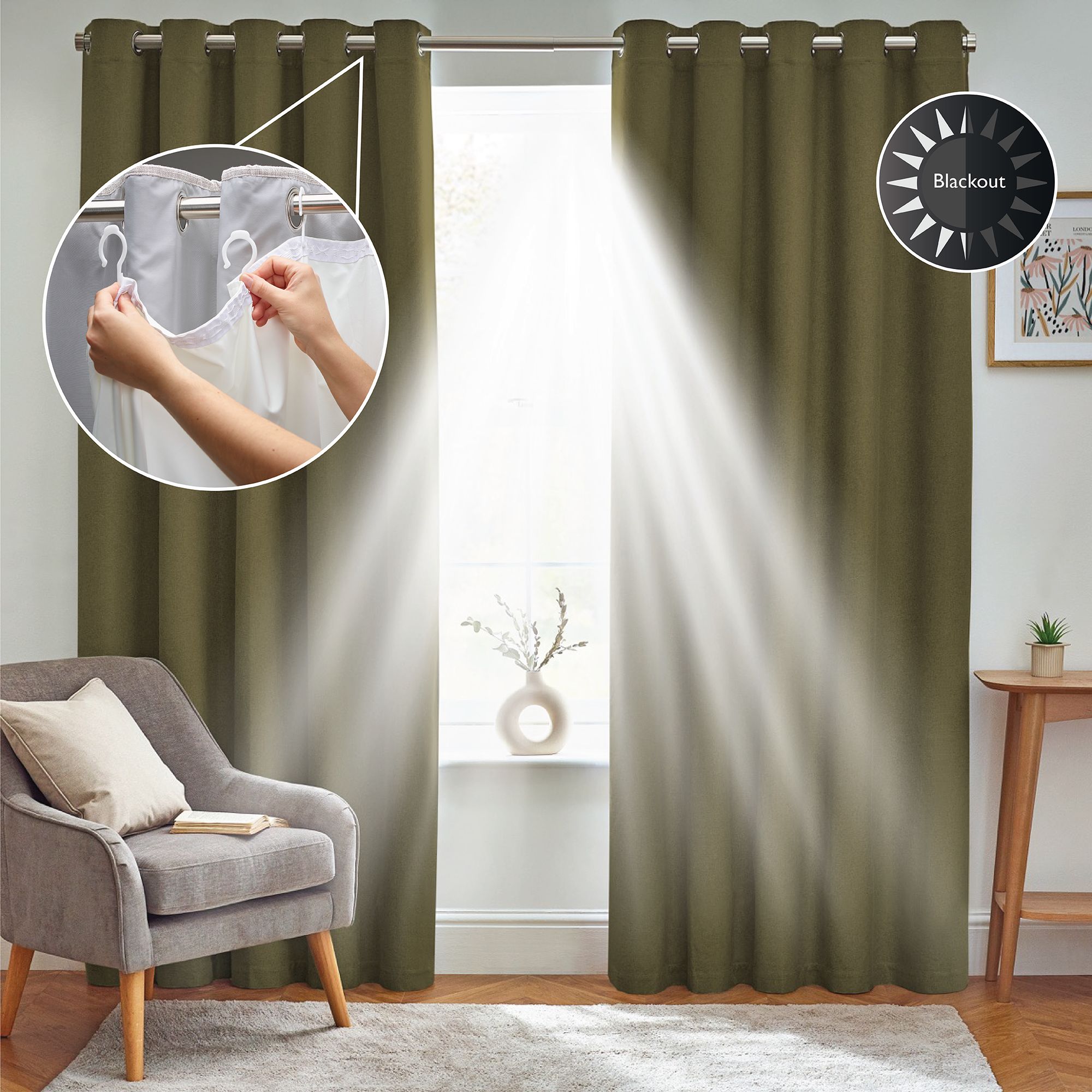 furn. Blackout Eyelet Curtain lining Pair, (L) 163cm x (W) 170cm