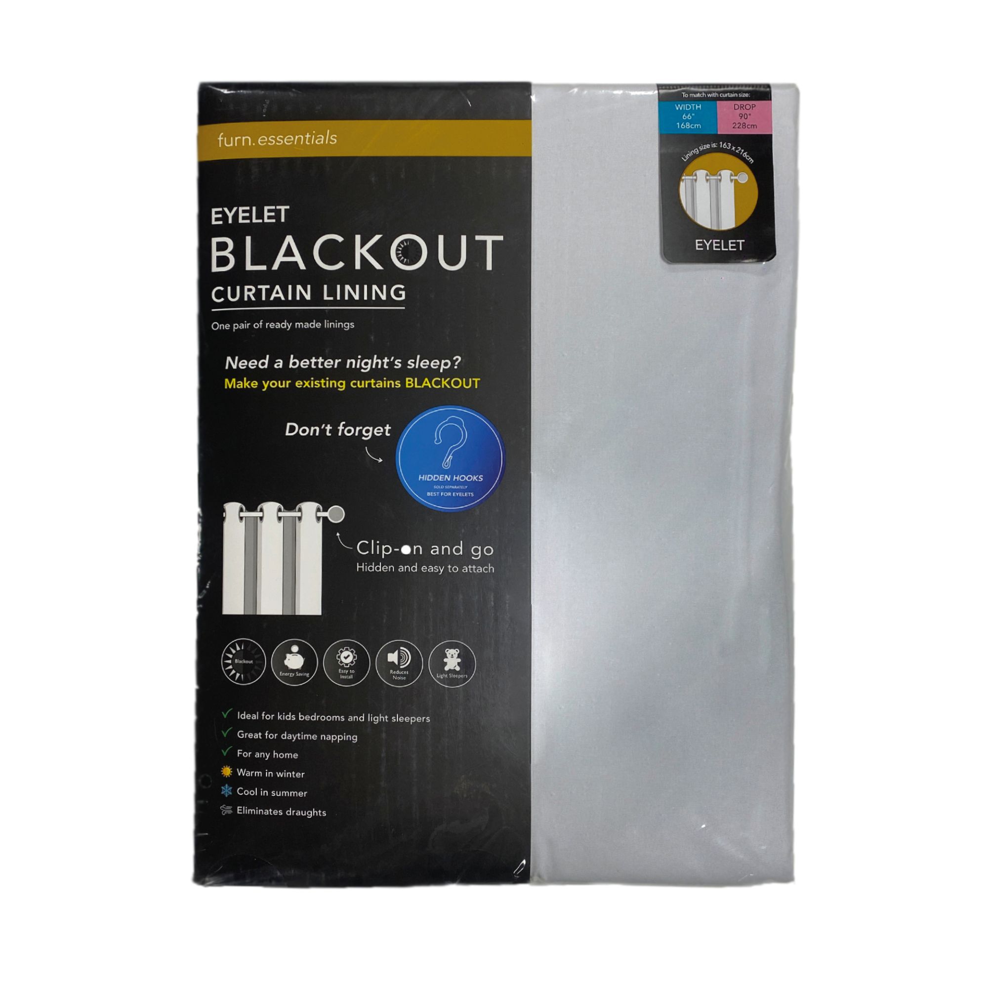 furn. Blackout Eyelet Curtain lining Pair, (L) 163cm x (W) 170cm