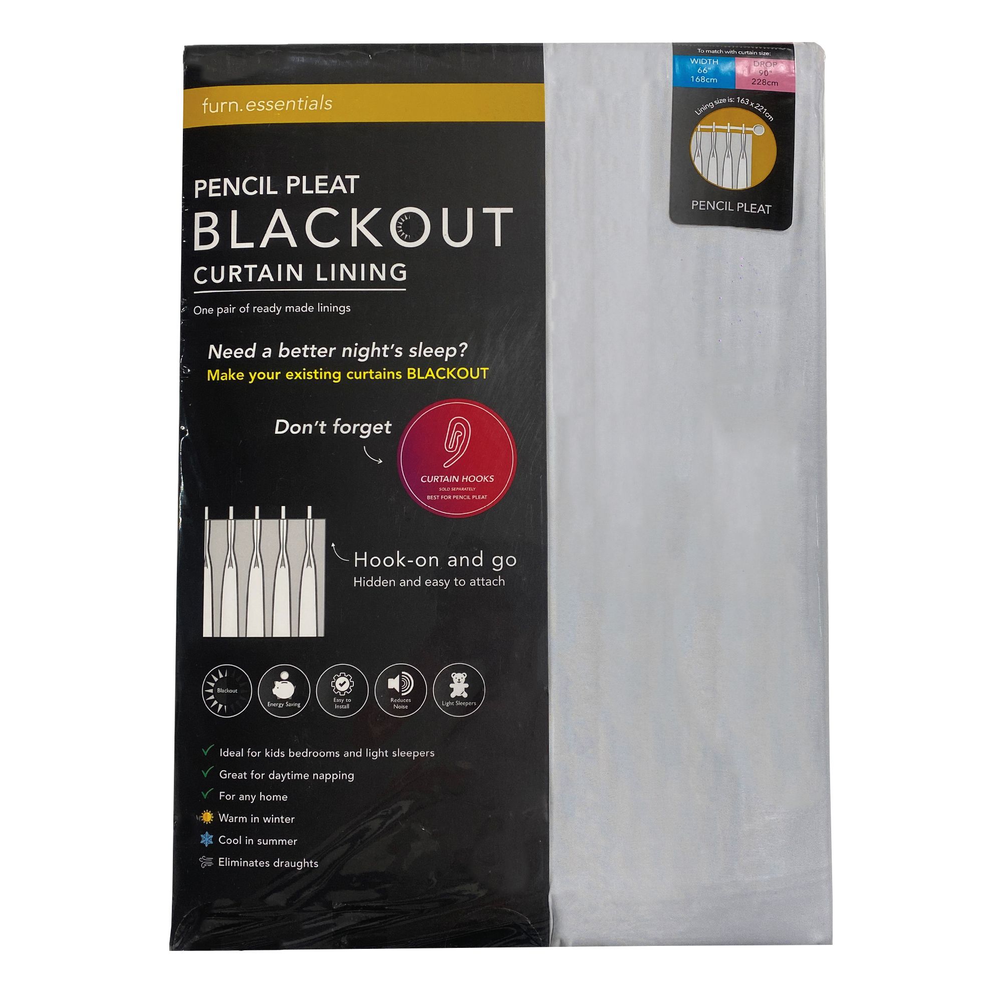 furn. Blackout Pencil pleat Curtain lining Pair, (L) 163cm x (W) 170cm