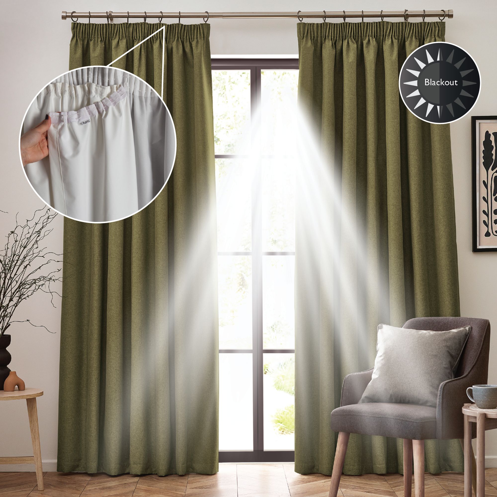 furn. Blackout Pencil pleat Curtain lining Pair, (L) 163cm x (W) 170cm