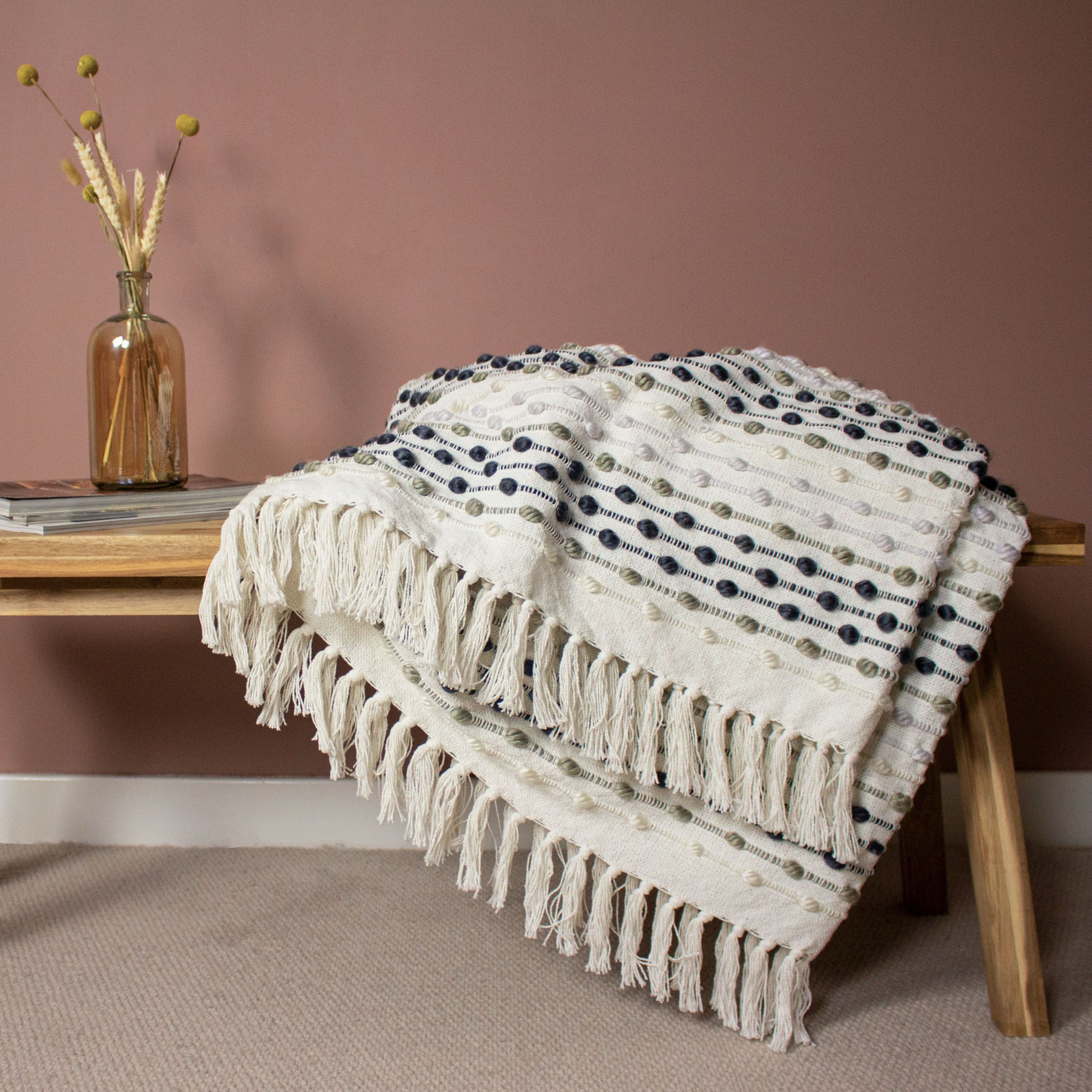 furn. Dhadit White & Grey Polka dot & stripes Woven Throw (L) 150cm x (W) 130cm