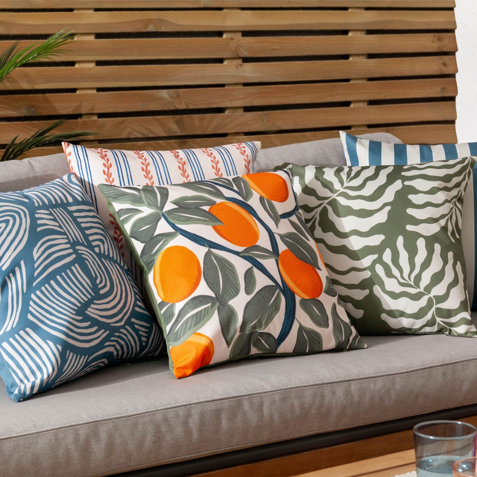 furn. Orange Grove Green Striped Outdoor Cushion, (L)43cm x (W)43cm