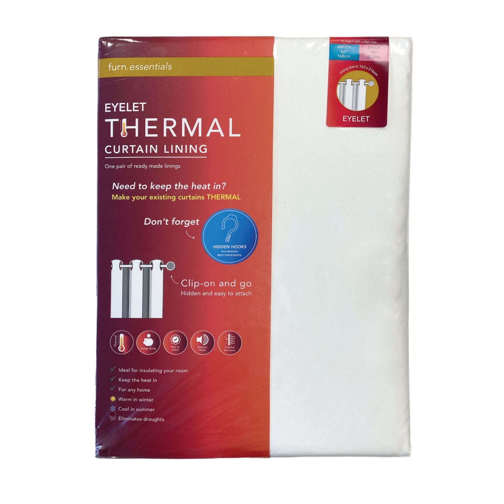 furn. Thermal Eyelet Curtain lining Pair, (L) 163cm x (W) 216cm