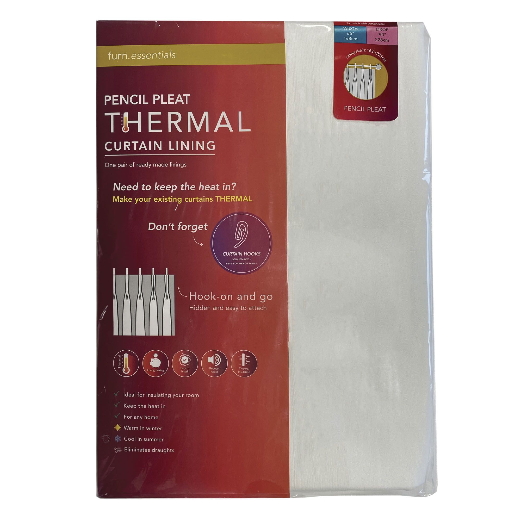 furn. Thermal Pencil pleat Curtain lining Pair, (L) 112cm x (W) 124cm