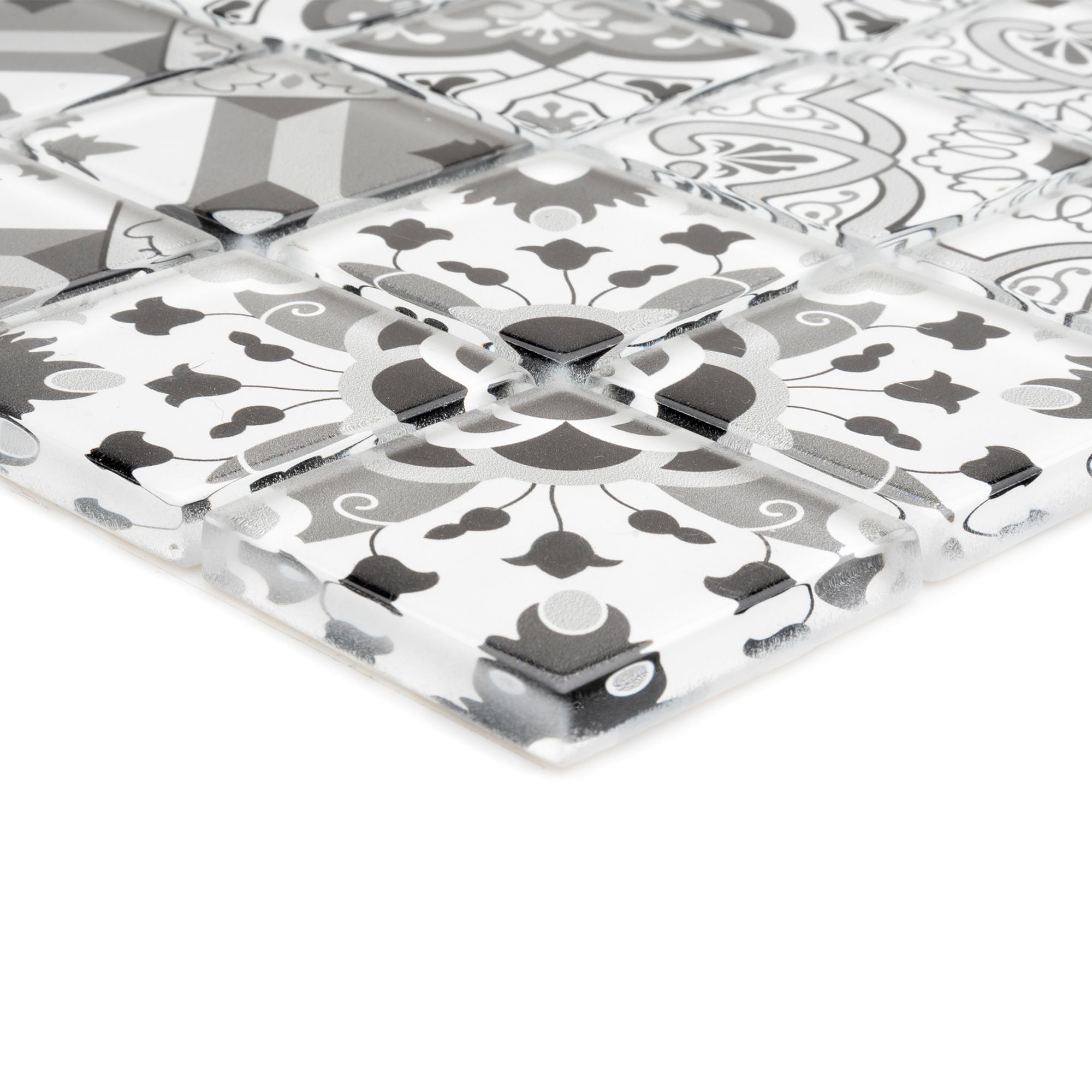 Geo Black & white Glass Mosaic tile, (L)320mm (W)320mm