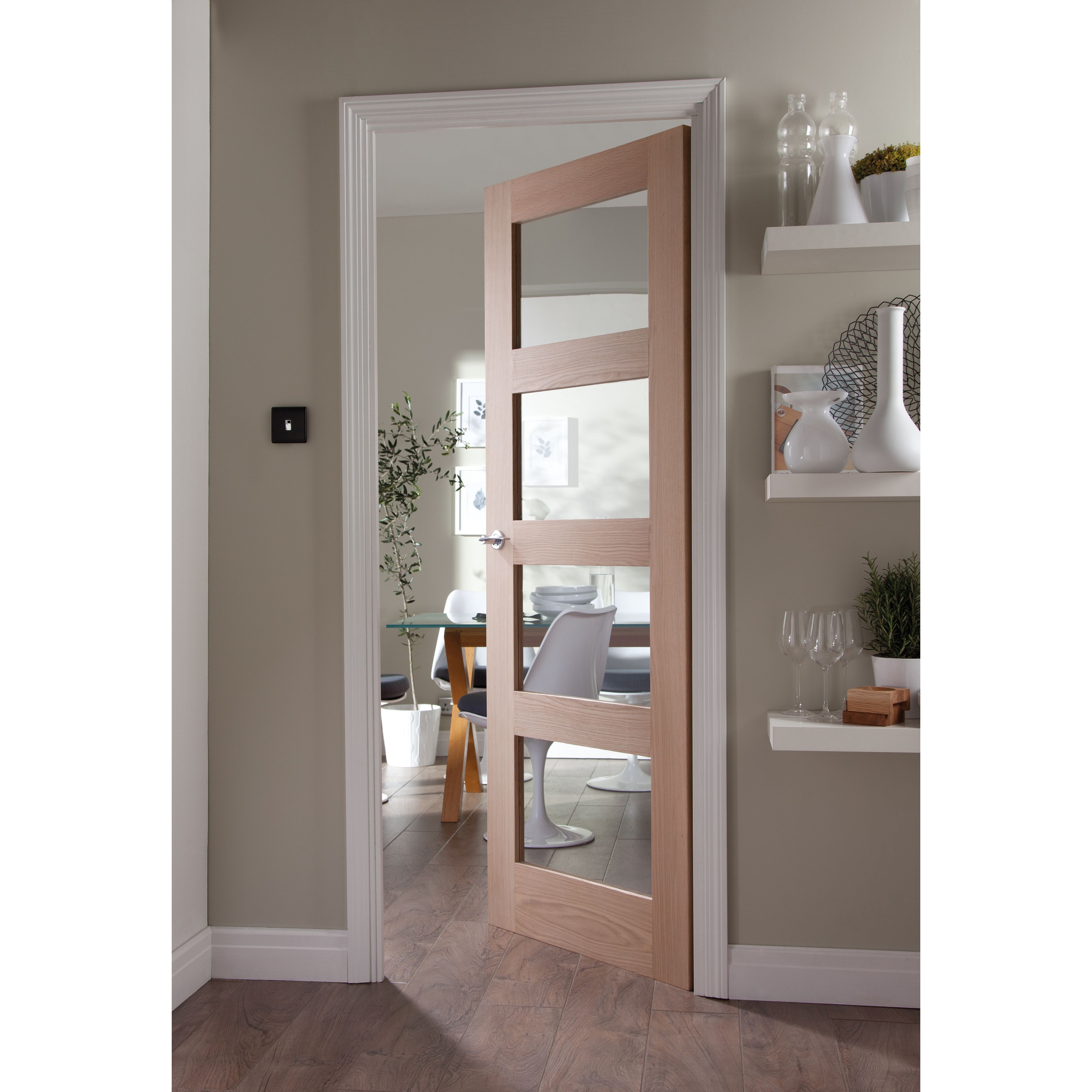 Geom 4 panel 4 Lite Clear Glazed Shaker White Internal Door, (H)2040mm (W)826mm (T)40mm