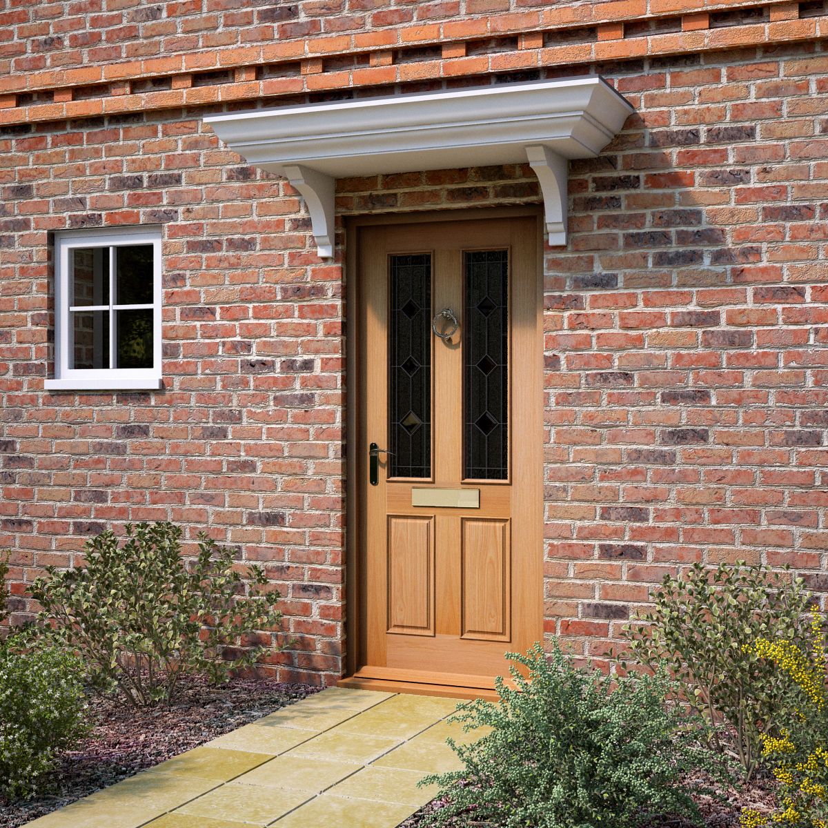 Geom 4 panel Diamond bevel Leaded Glazed Wooden White oak veneer External Panel Front door, (H)1981mm (W)838mm