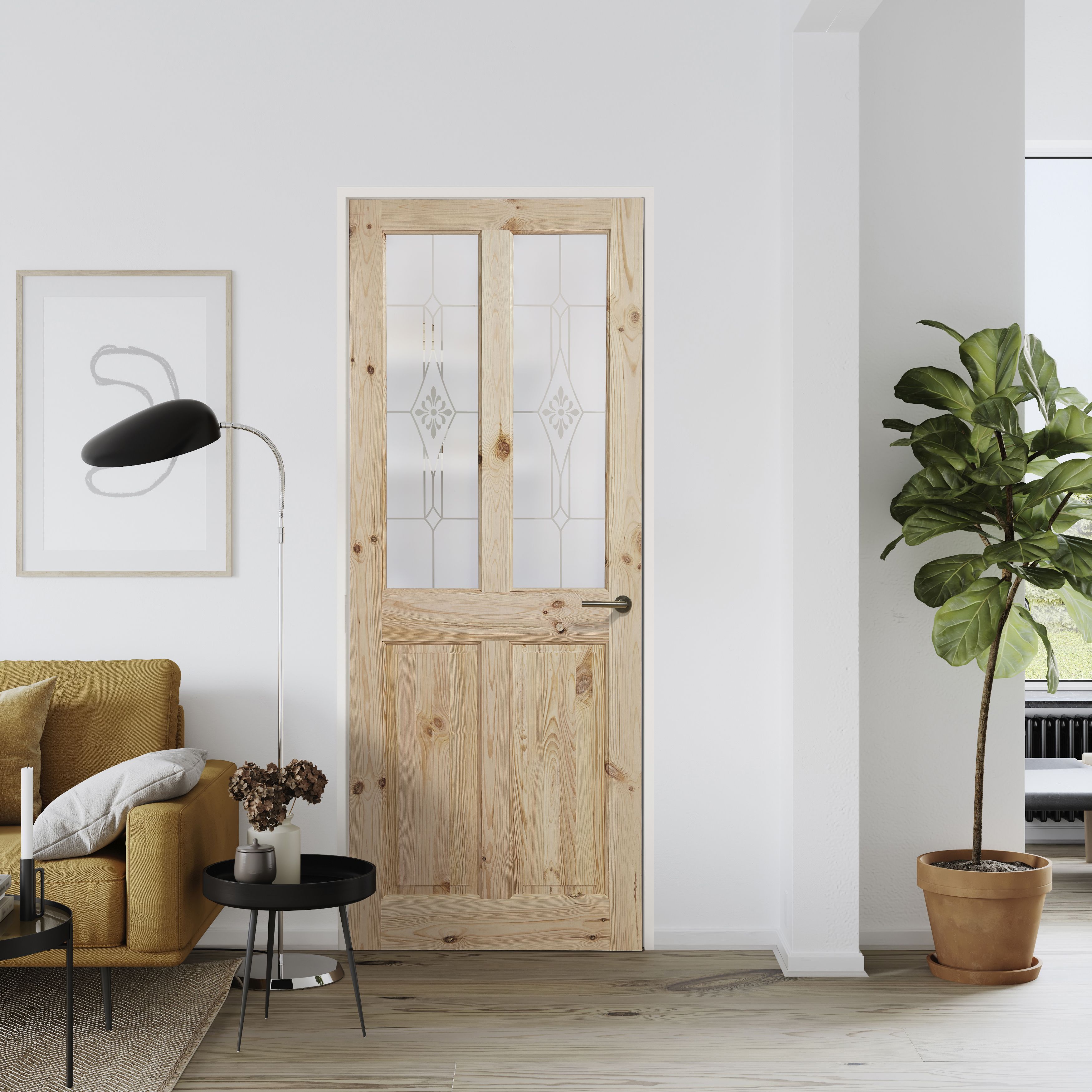 Geom 4 panel Frosted Glazed Internal Door, (H)2040mm (W)726mm (T)40mm