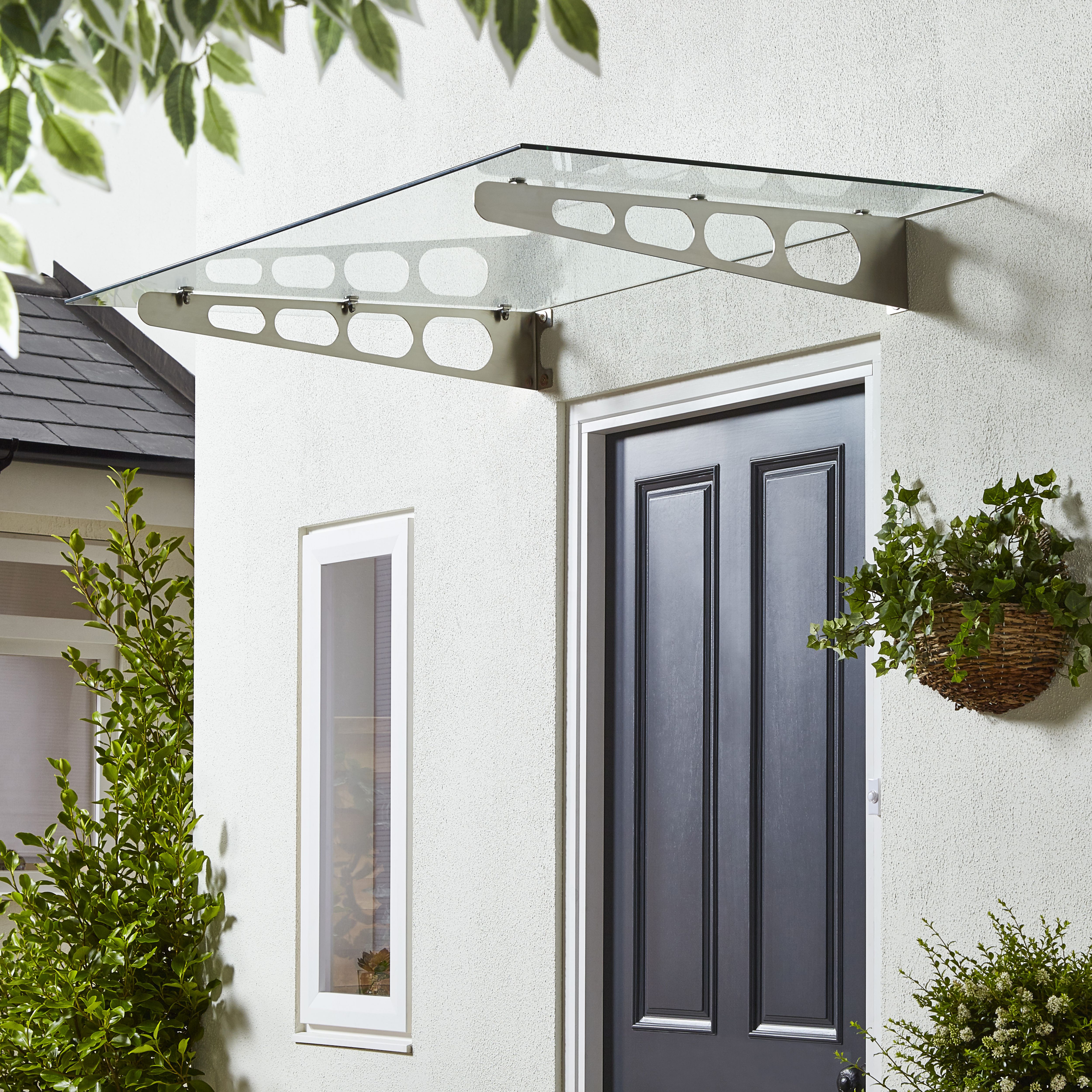 Geom Lugano Clear Glazed Glass & stainless steel Flat Porch canopy, (W)1.4m (D)0.9m
