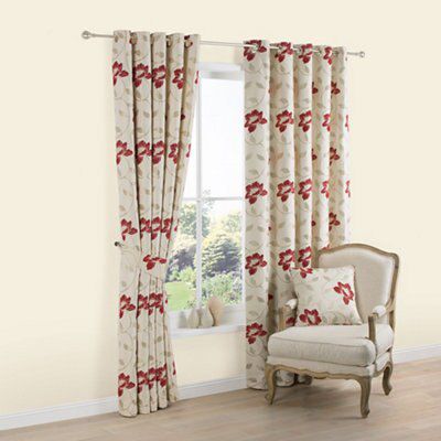 Geranium Cream red Floral jacquard Lined Eyelet Curtains W 167cm L 228cm Pair