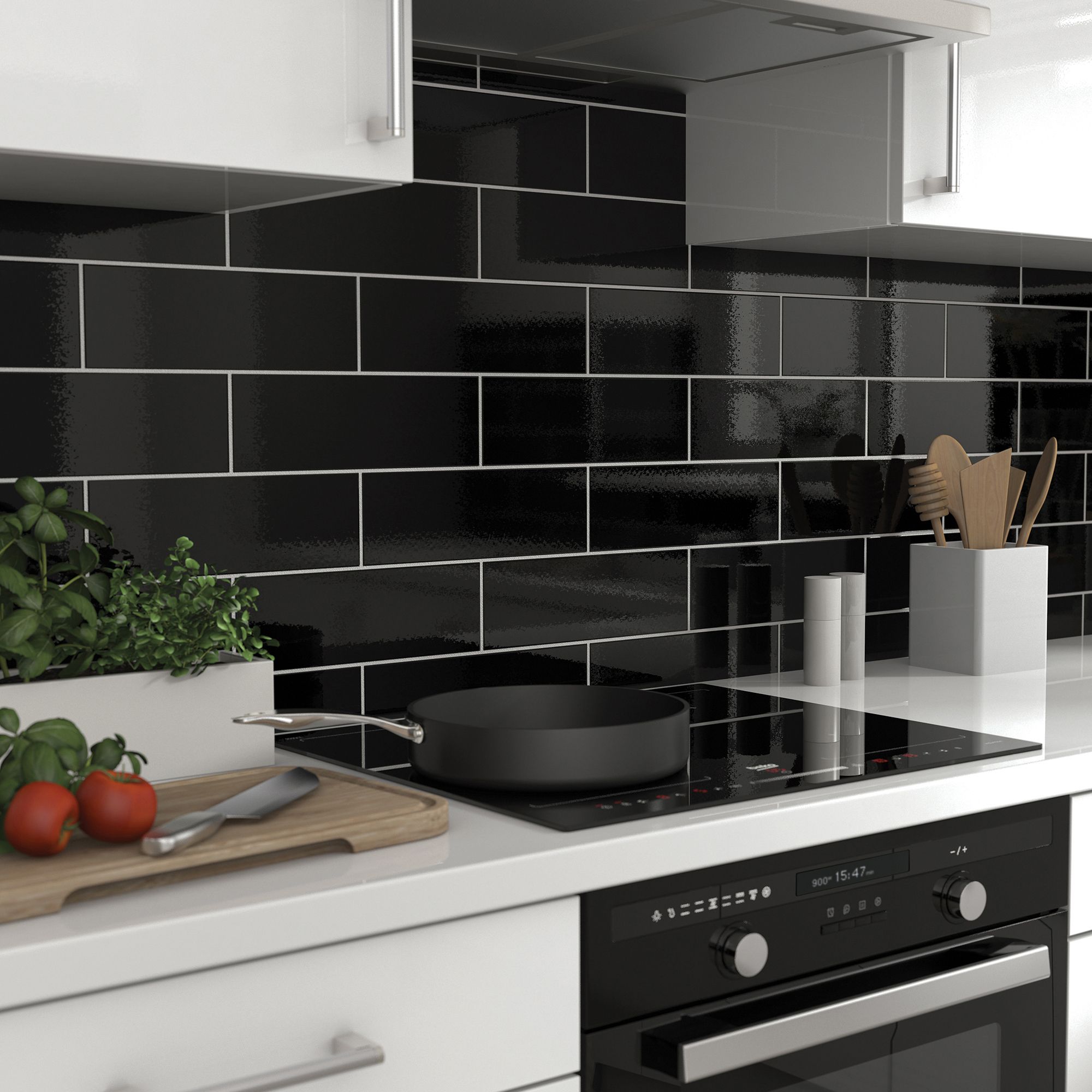 Glina Black Gloss Ceramic Wall Tile, Pack of 34, (L)297mm (W)97mm