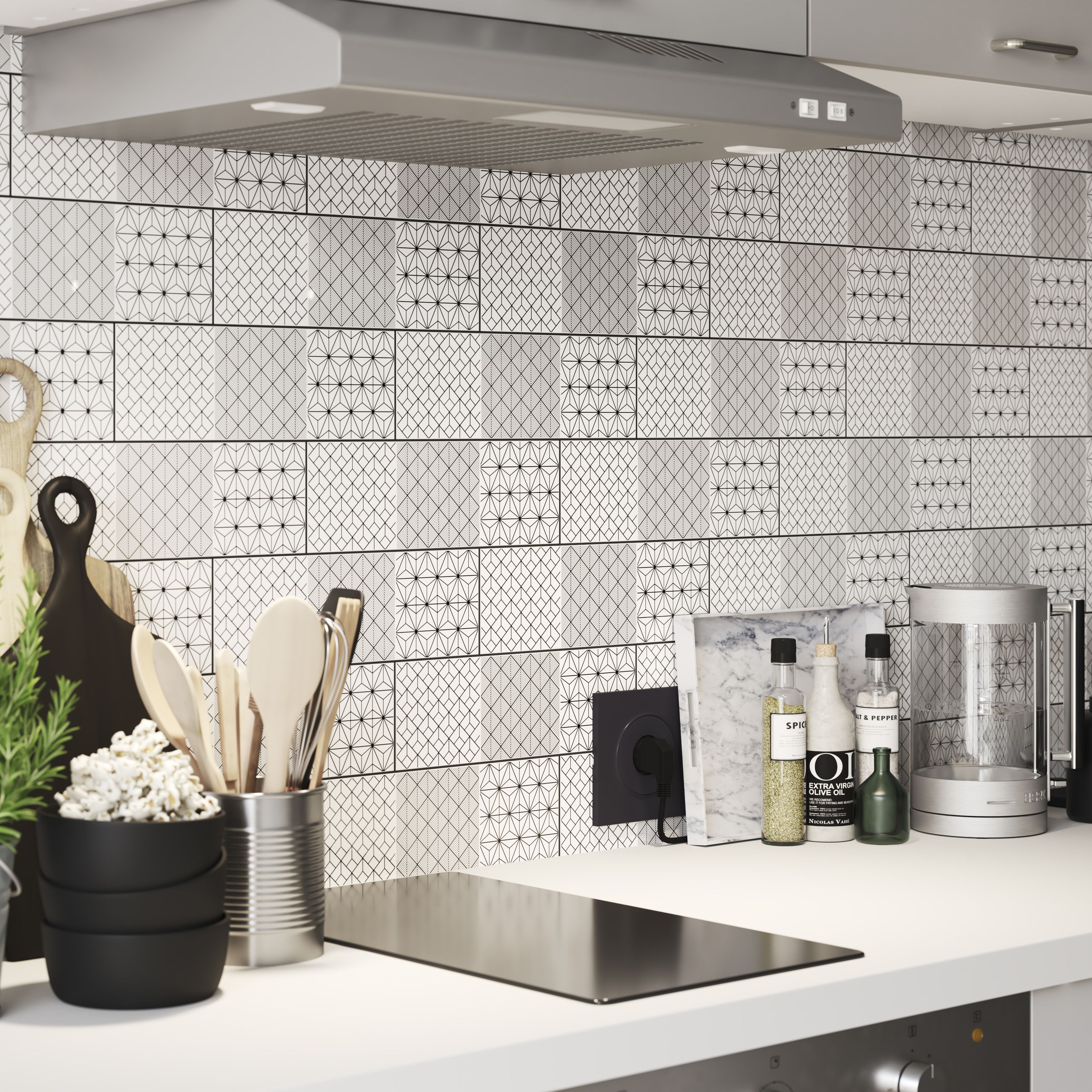 Glina Black & white Gloss Geometric Ceramic Indoor Wall Tile Sample