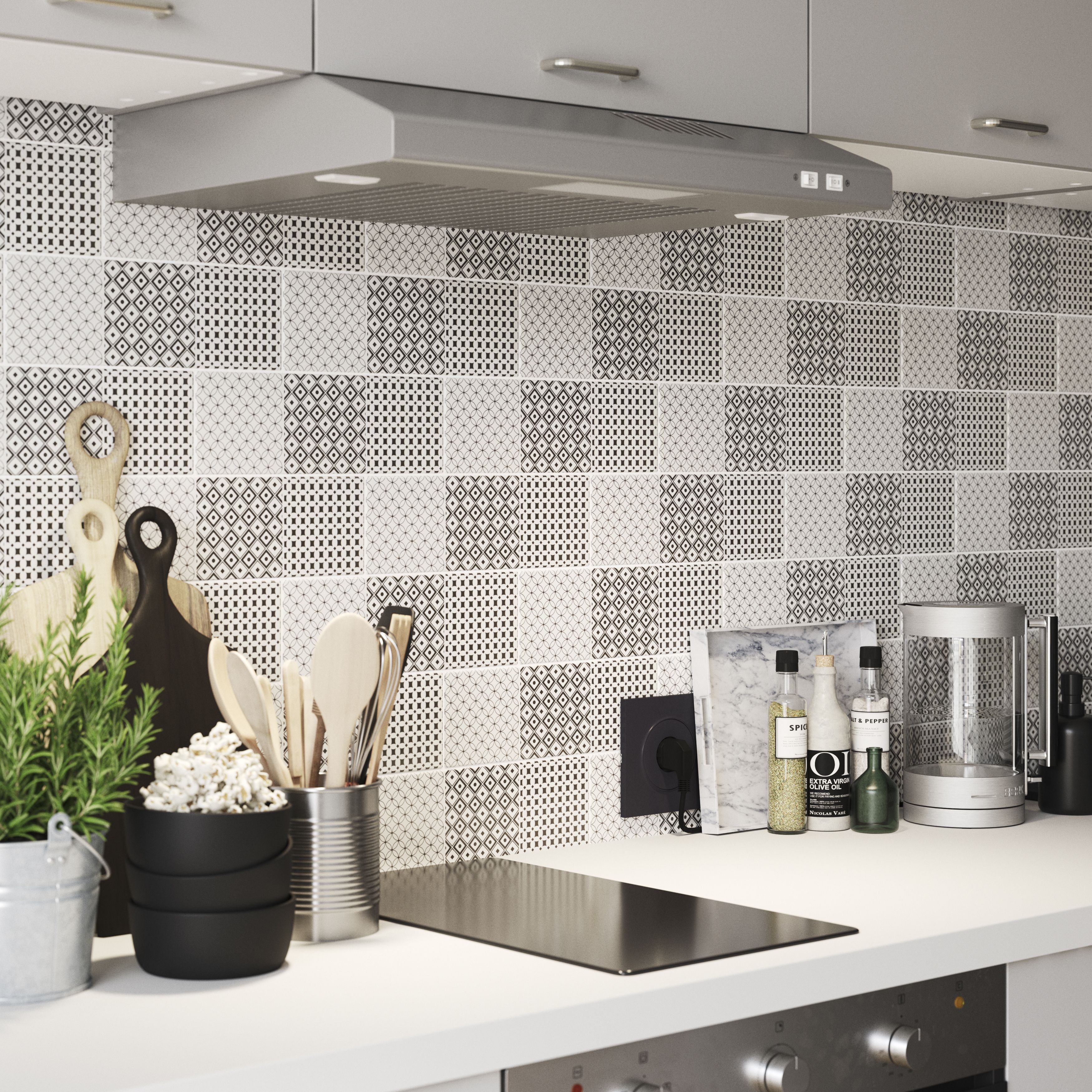 Glina Black & white Gloss Patterned Ceramic Wall Tile Sample