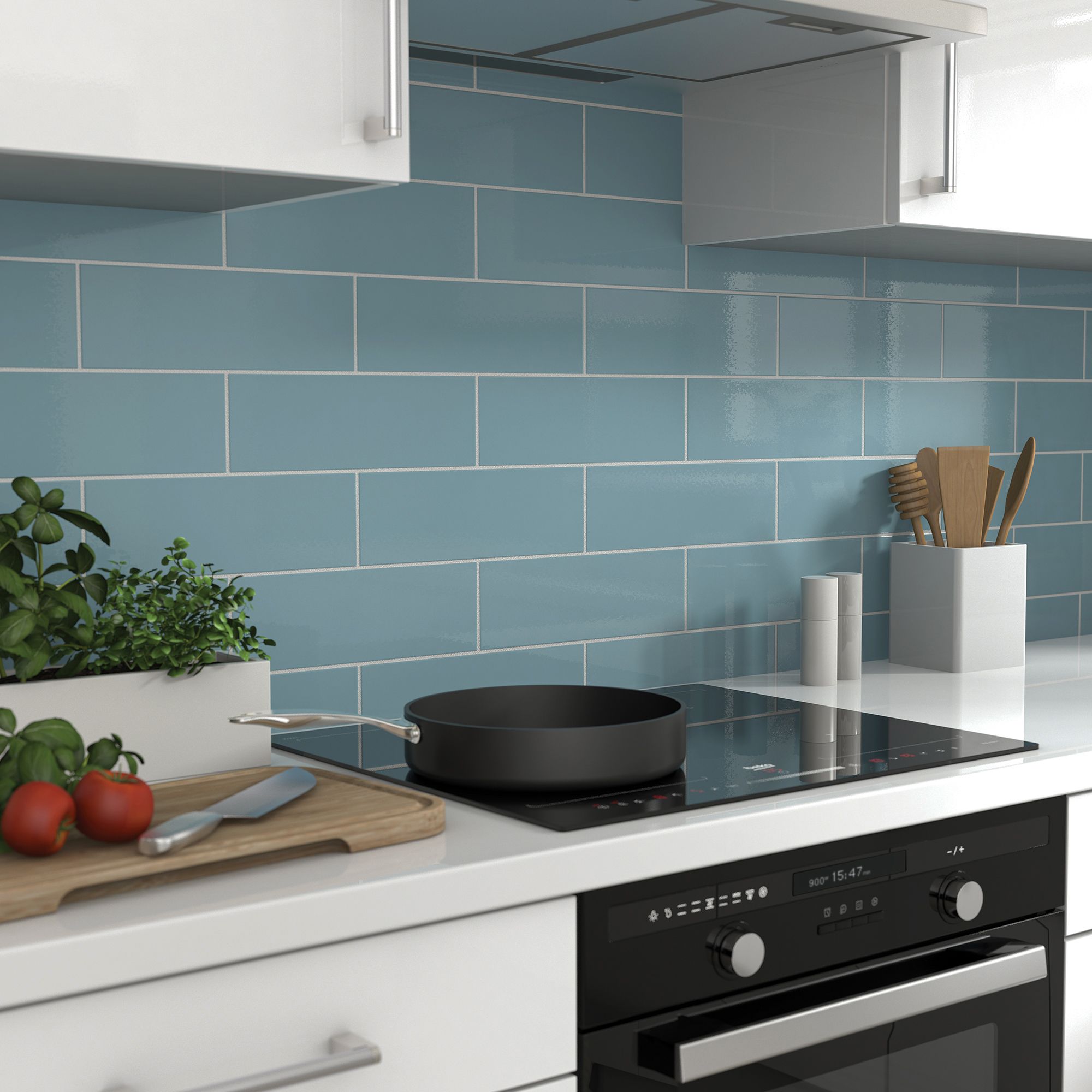 Glina Blue Gloss Ceramic Wall Tile, Pack of 34, (L)297mm (W)97mm