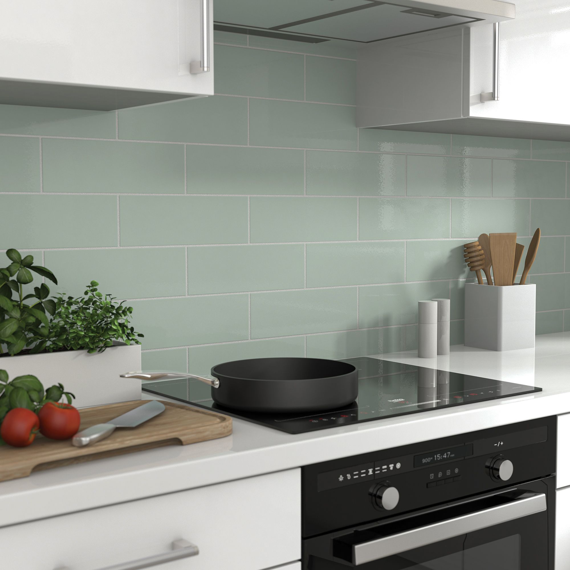 Glina Green Gloss Ceramic Wall Tile, Pack of 34, (L)297mm (W)97mm