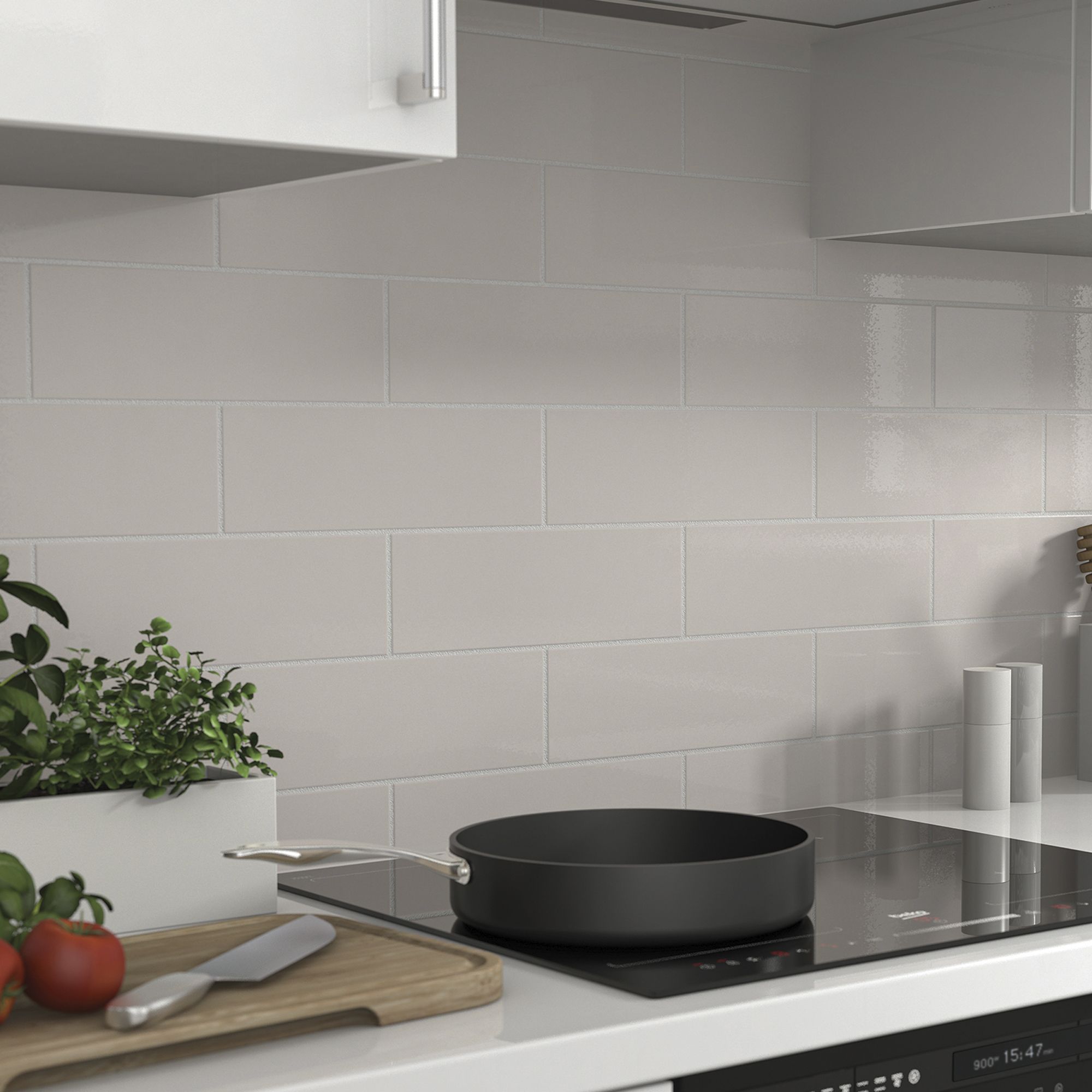 Glina Grey Gloss Ceramic Wall Tile, Pack of 34, (L)297mm (W)97mm