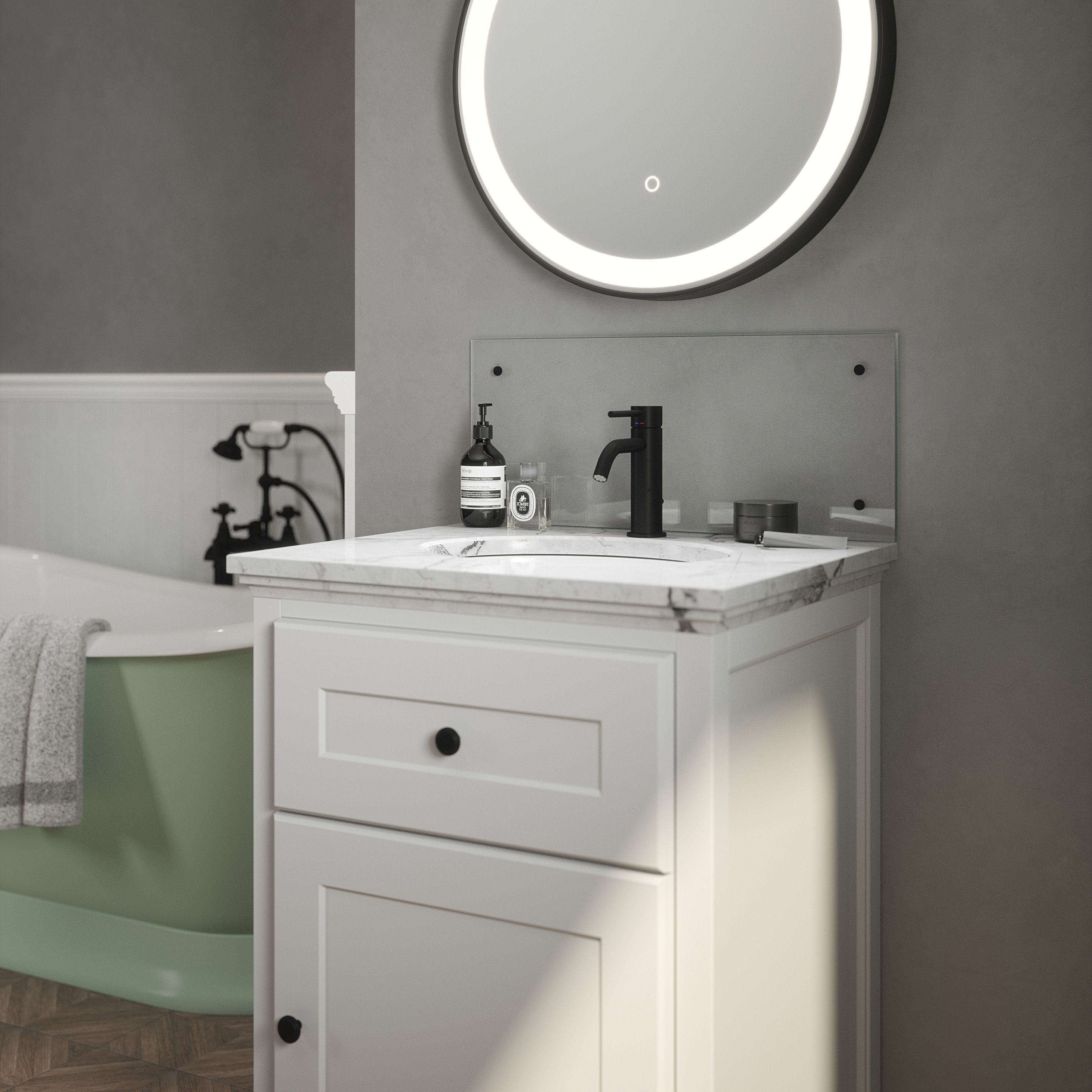 Gloss Crystal clear Glass Pre-drilled Bathroom Splashback with Black caps (H)25cm (W)60cm