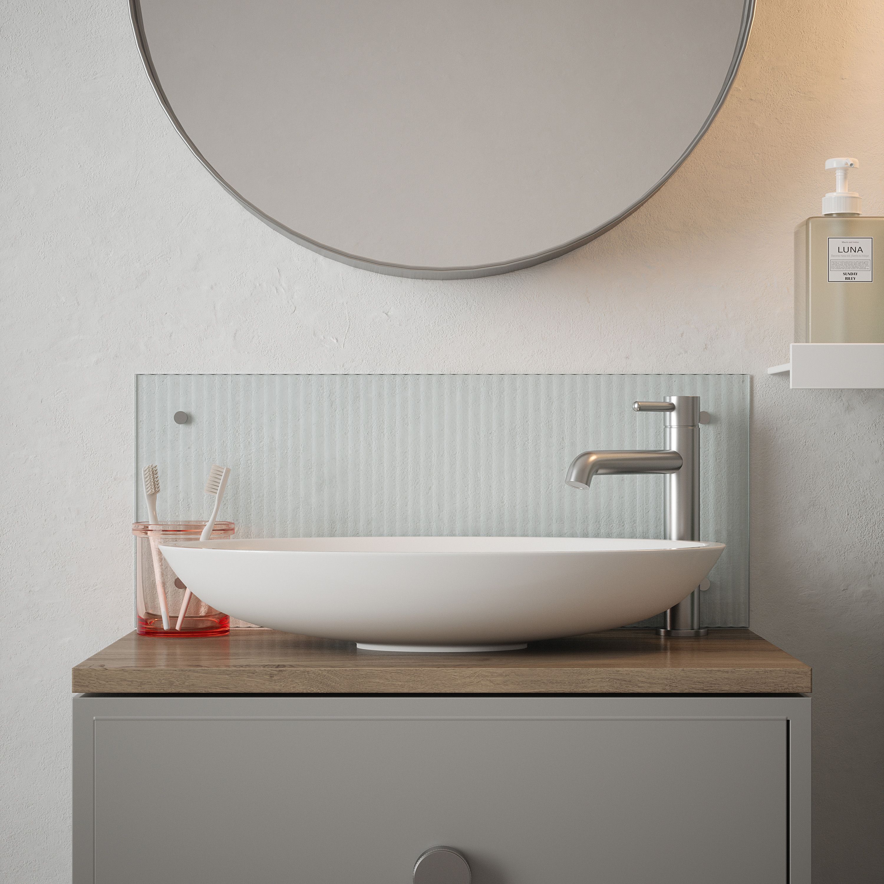 Gloss Fluted clear Glass Pre-drilled Bathroom Splashback with Brushed chrome caps (H)25cm (W)60cm