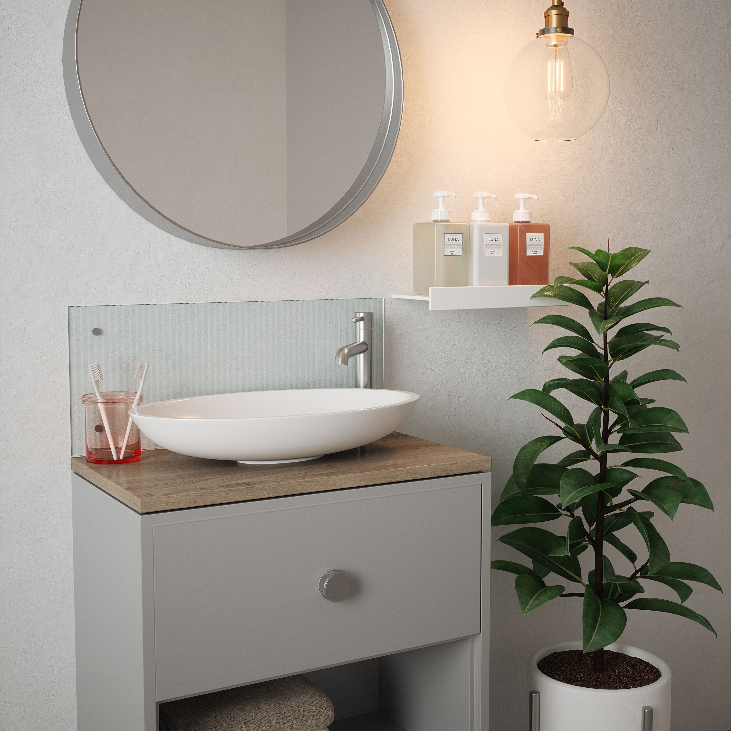 Gloss Fluted clear Glass Pre-drilled Bathroom Splashback with Brushed chrome caps (H)25cm (W)60cm