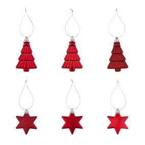 Gloss & matt Red Glitter effect Star & tree Bauble, Pack of 12