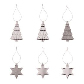 Gloss & matt Silver Glitter effect Star & tree Bauble, Pack of 12