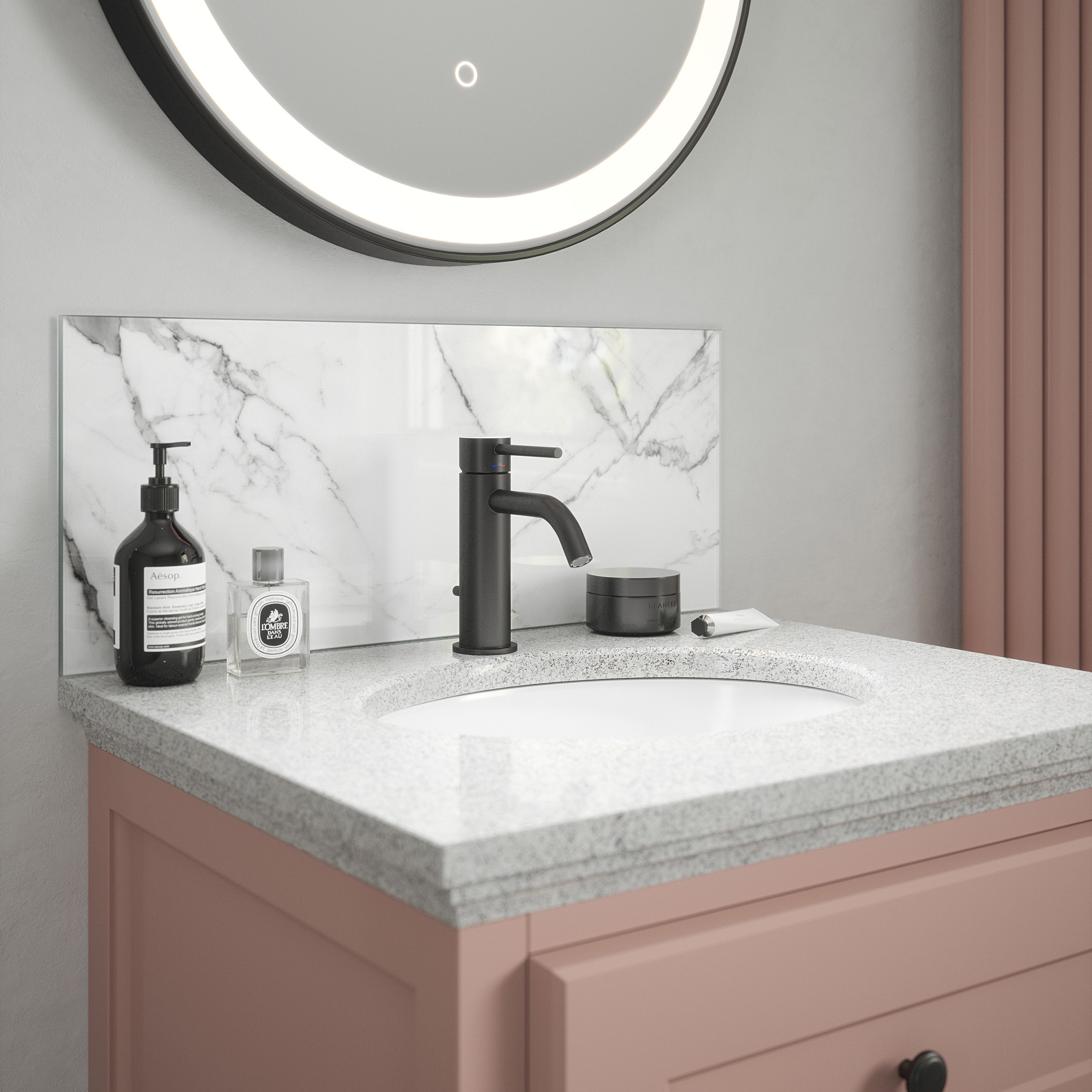 Gloss White & Grey Carrara Marble effect Glass Self-adhesive Bathroom Splashback (H)25cm (W)60cm
