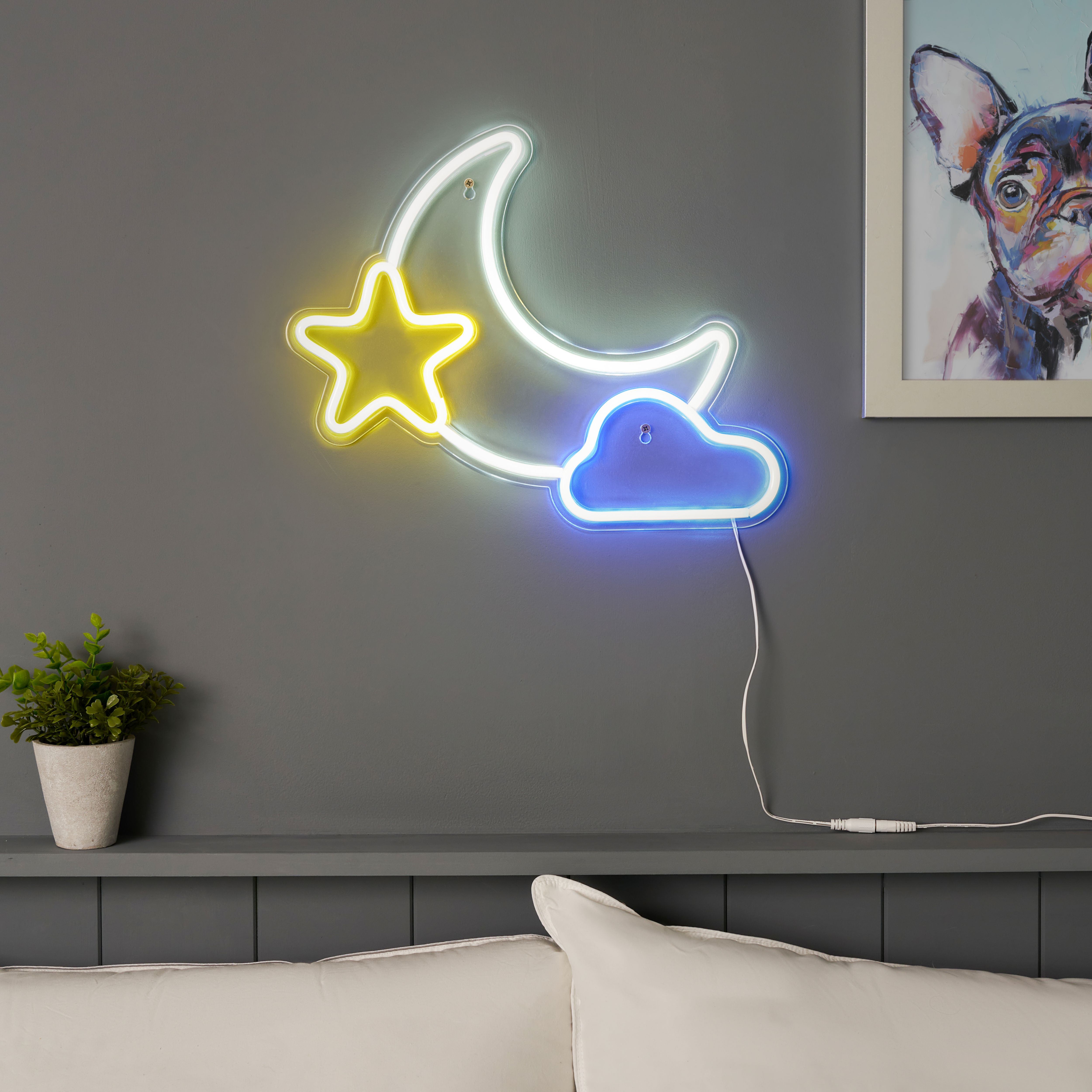 Glow Arlo Moon & star Neon White, Yellow & Blue Plug-in LED Wall light