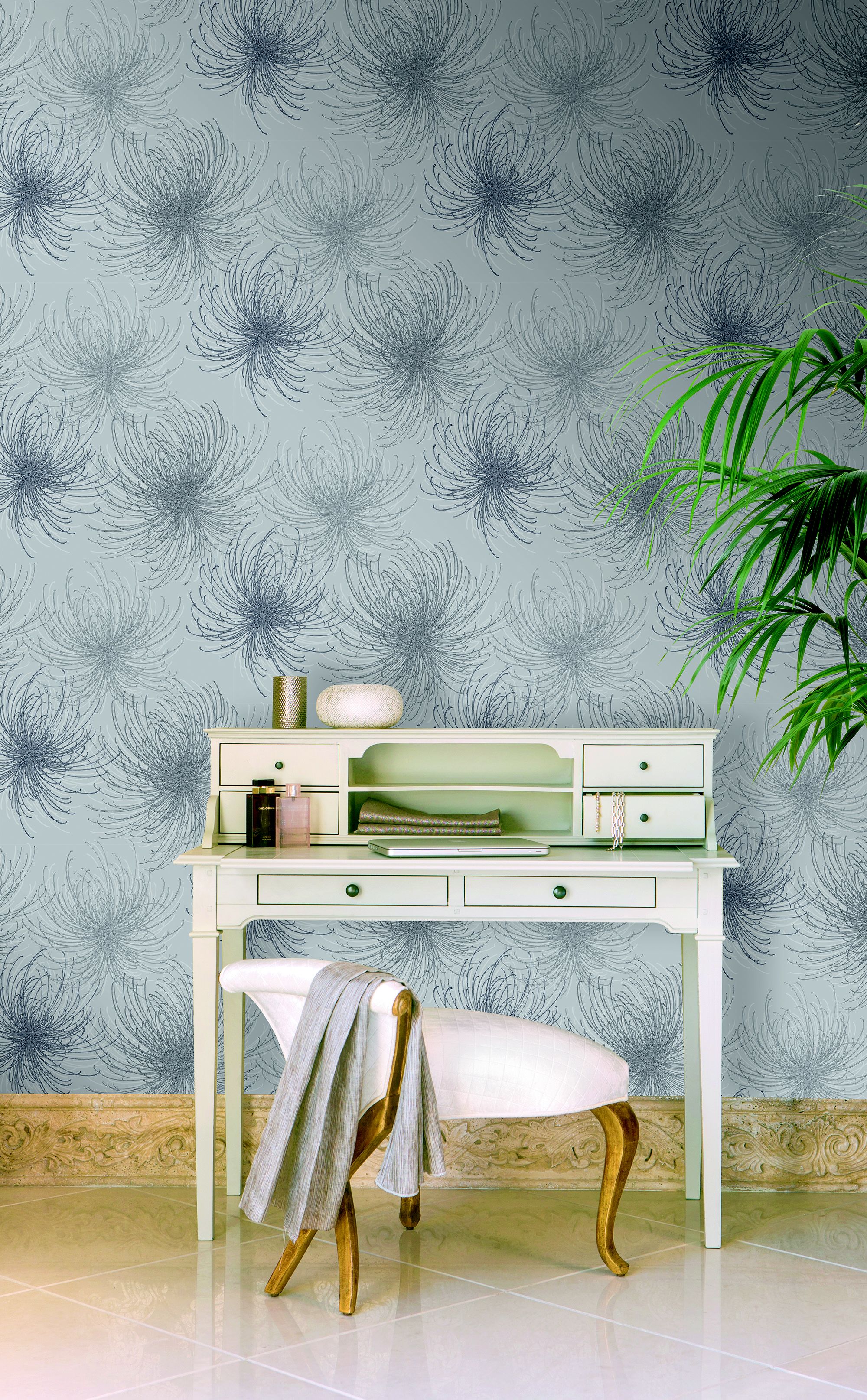 Gold Cosmo Grey Floral Glitter effect Textured Wallpaper