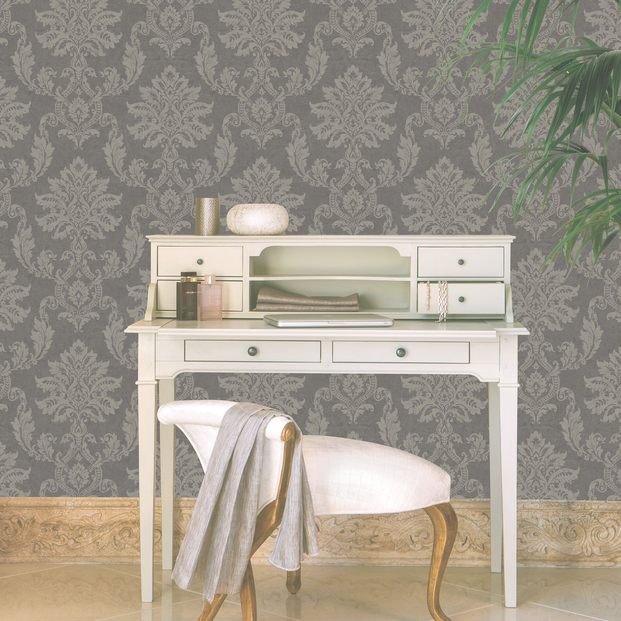 Gold Etch Charcoal Gold effect Damask Embossed Wallpaper Sample