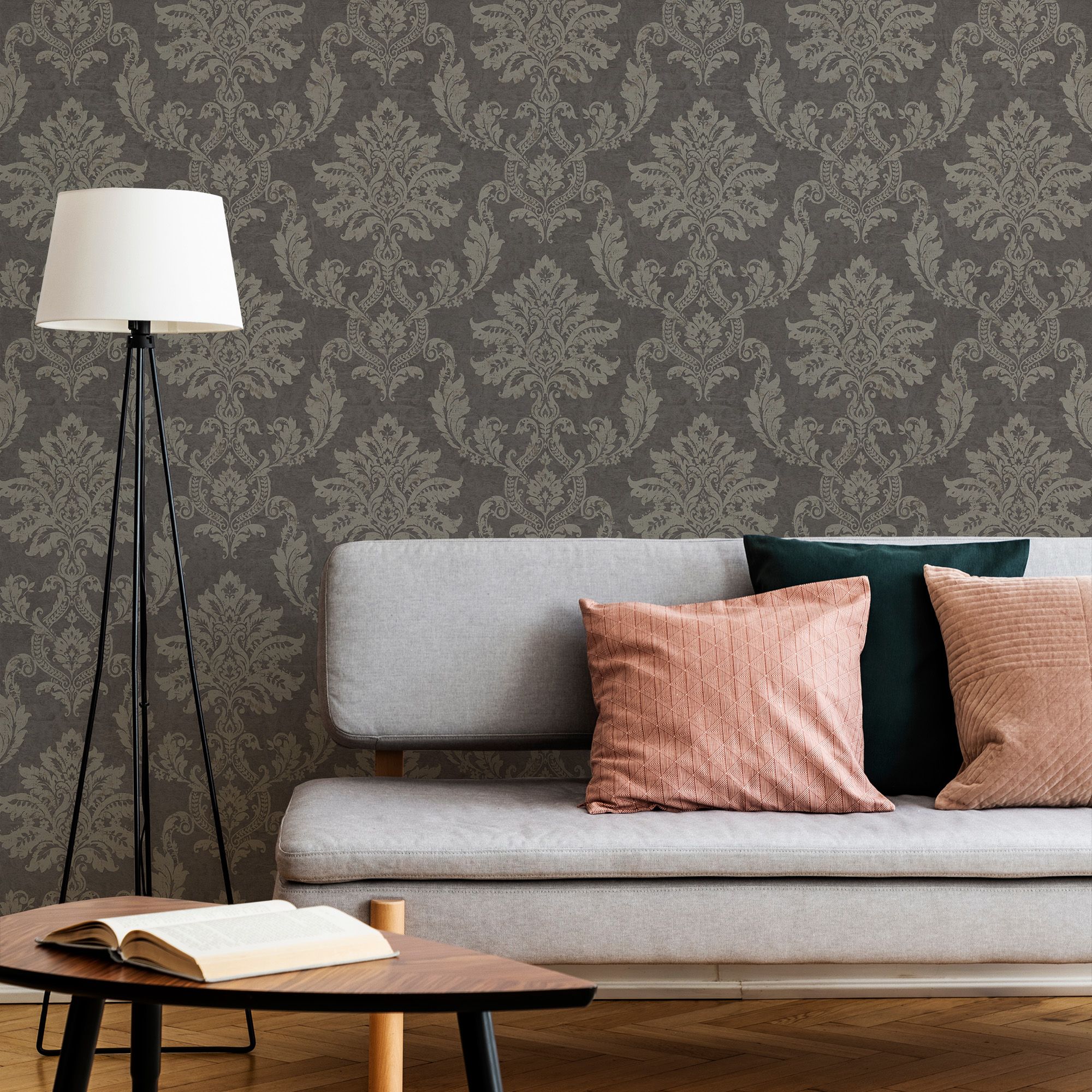 Gold Etch Charcoal Gold effect Damask Embossed Wallpaper Sample