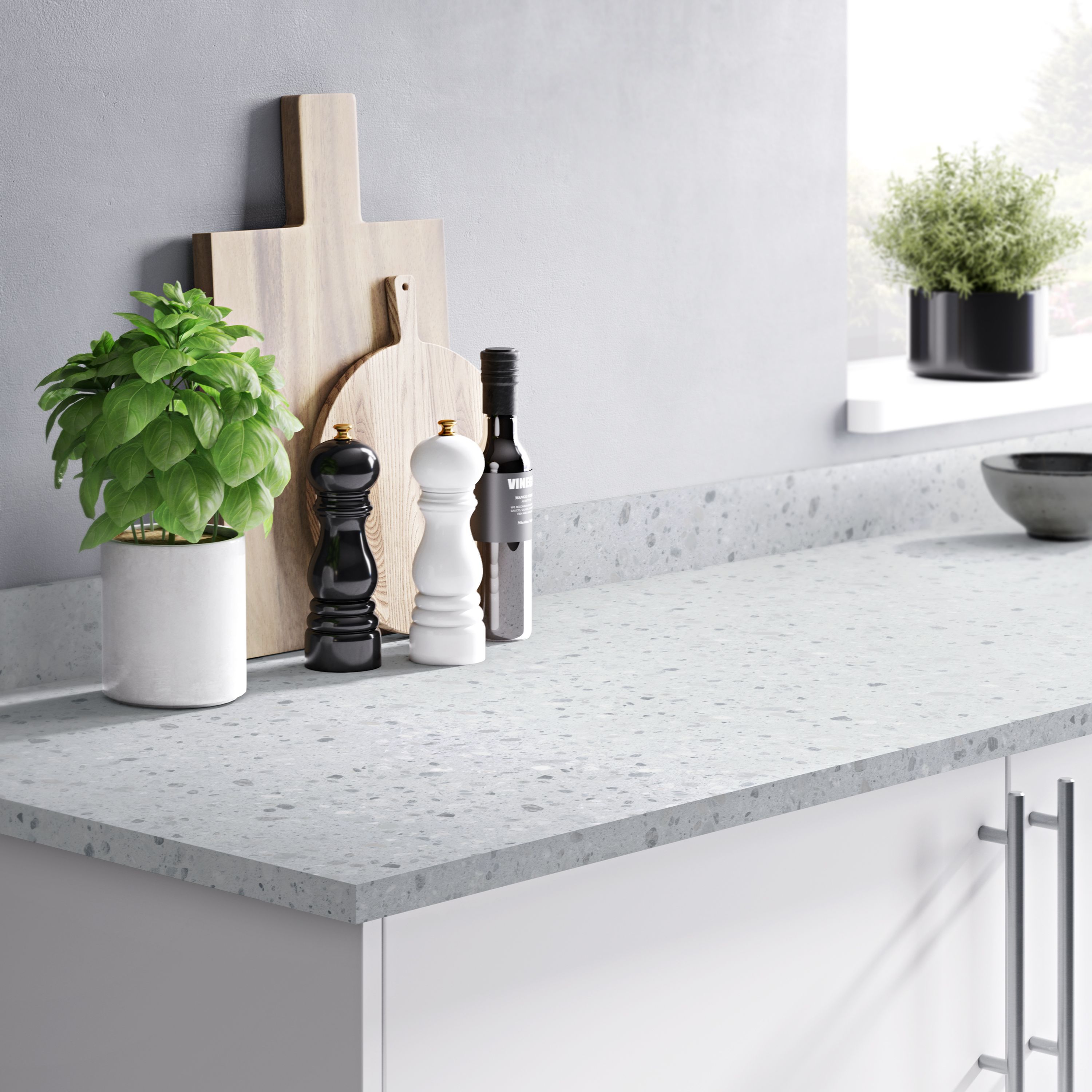 GoodHome 22mm Algiata Matt Grey Terrazzo effect Chipboard & laminate Square edge Kitchen Worktop, (L)3000mm